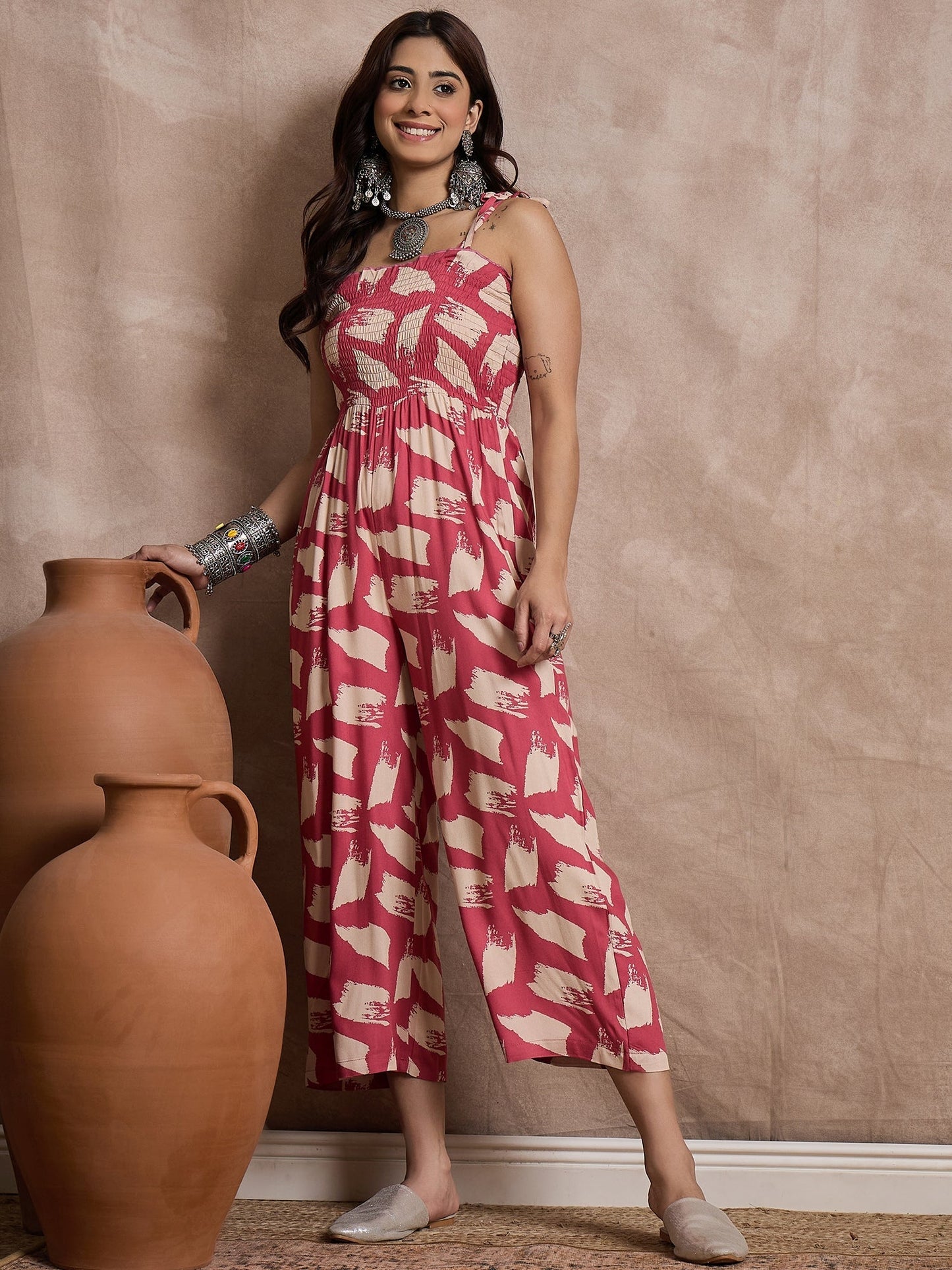 InWeave Punch Pink Beige Strappy Jumpsuit