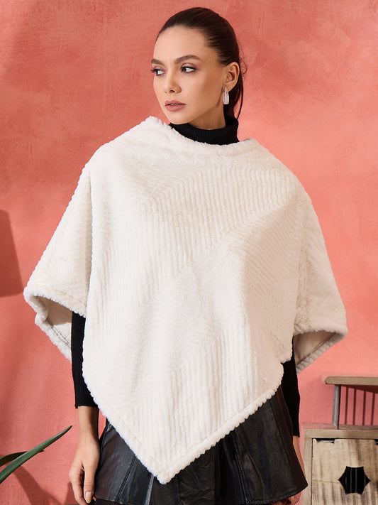 InWeave Cream Striped Rabbit Faux Fur Poncho
