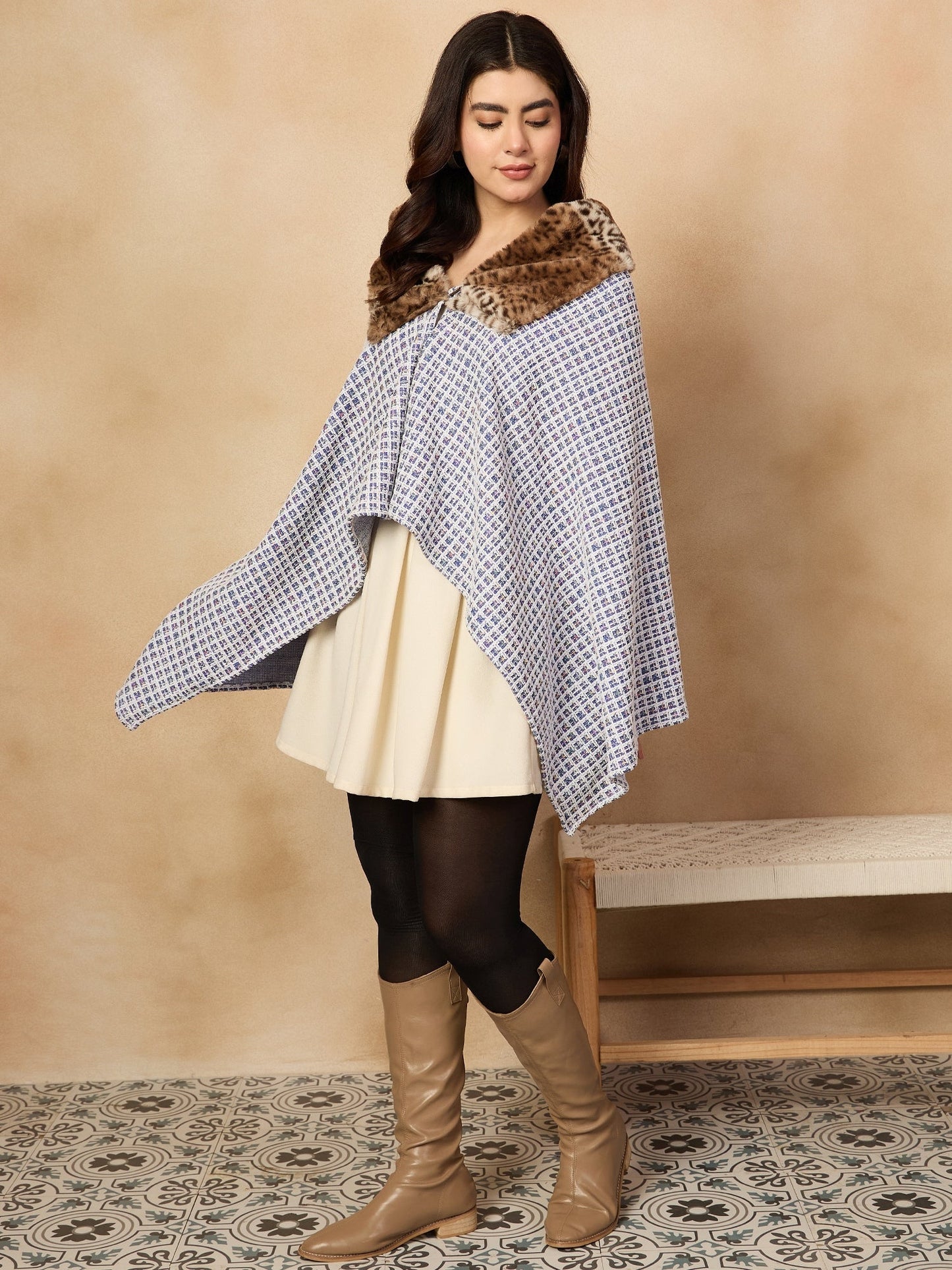 InWeave Blue White Check Acrylic Fur Poncho