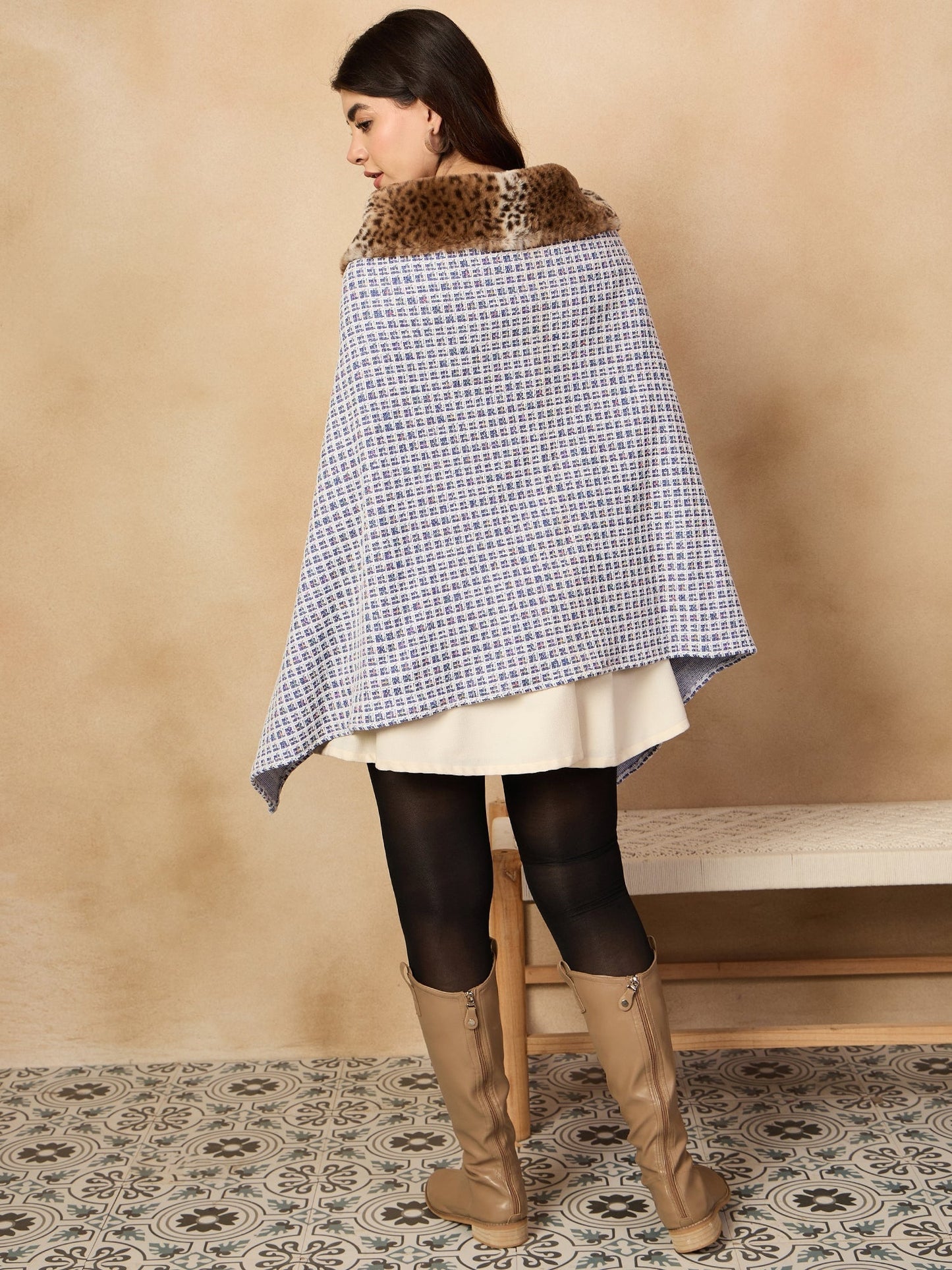 InWeave Blue White Check Acrylic Fur Poncho