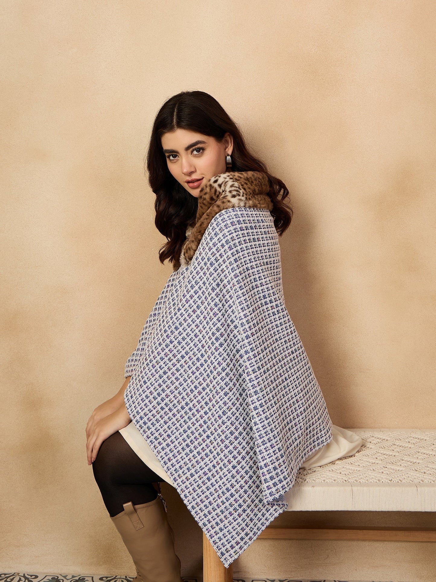 InWeave Blue White Check Acrylic Fur Poncho