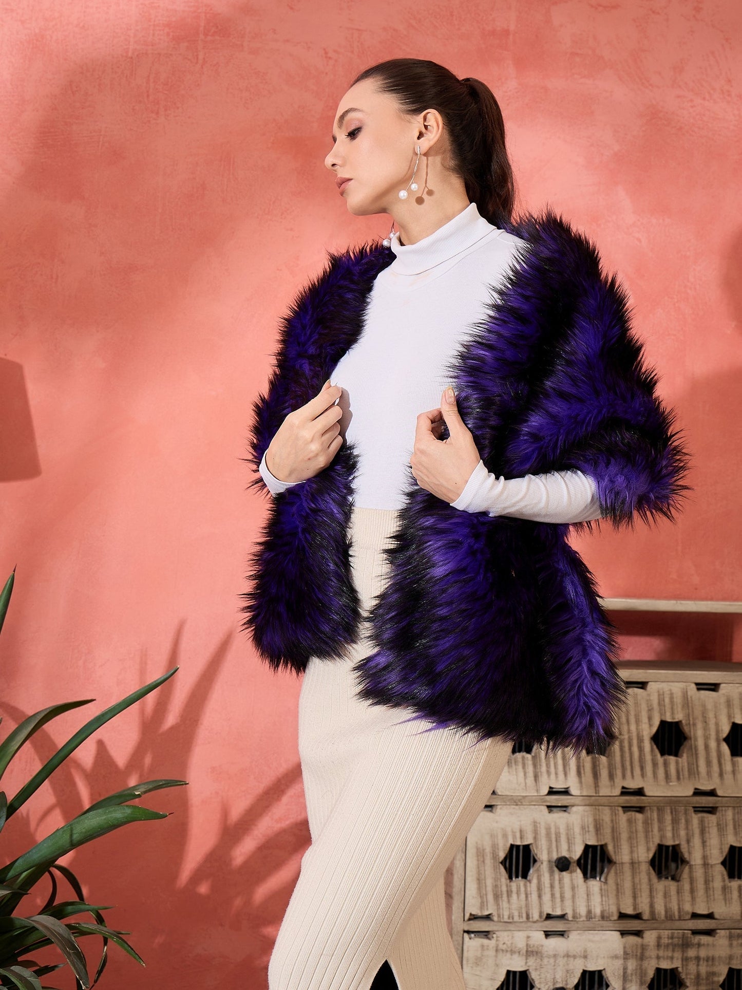 InWeave Purple Black Faux Fur Cape