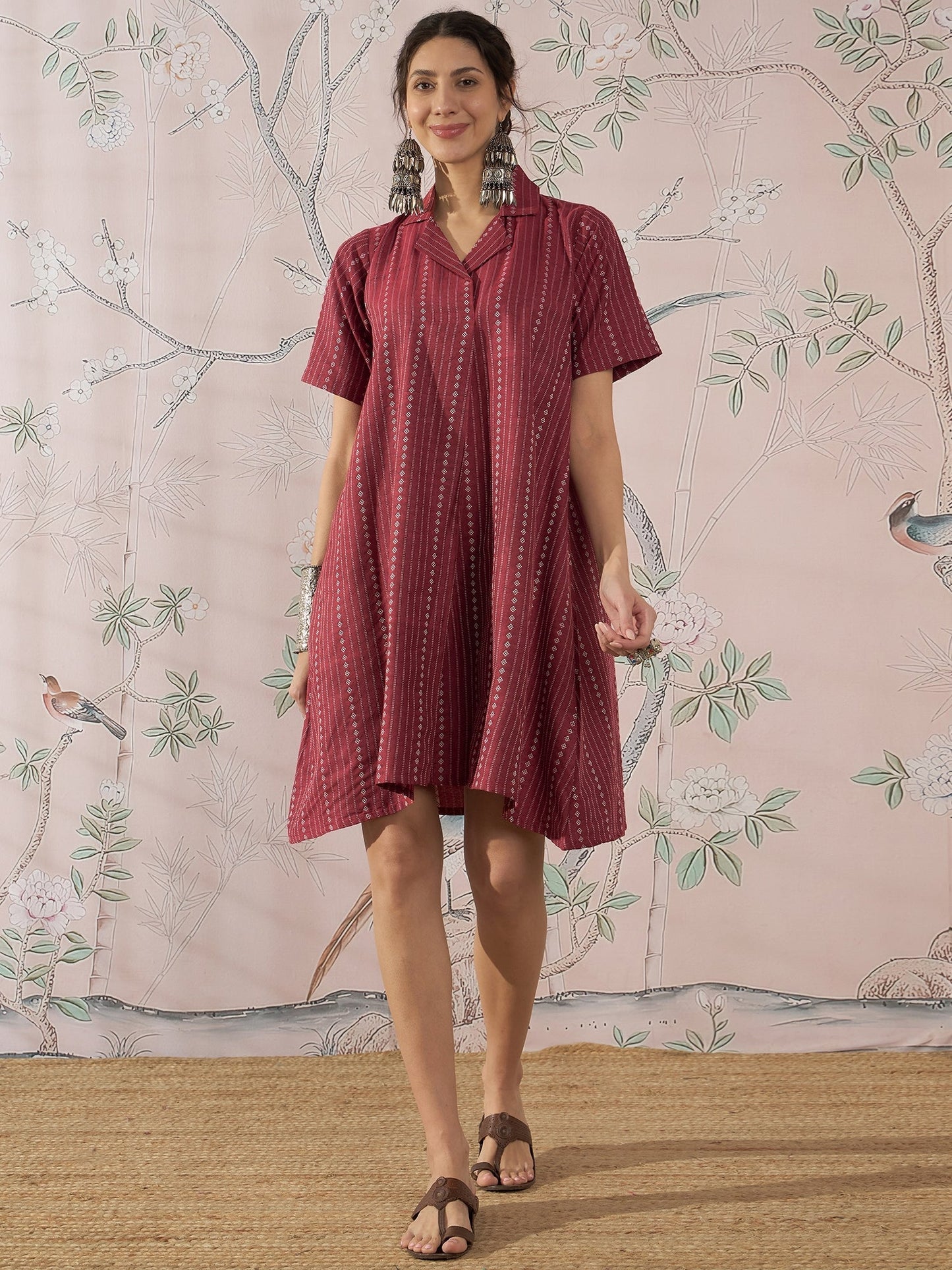 InWeave Maroon Stripe Kantha Collar Dress