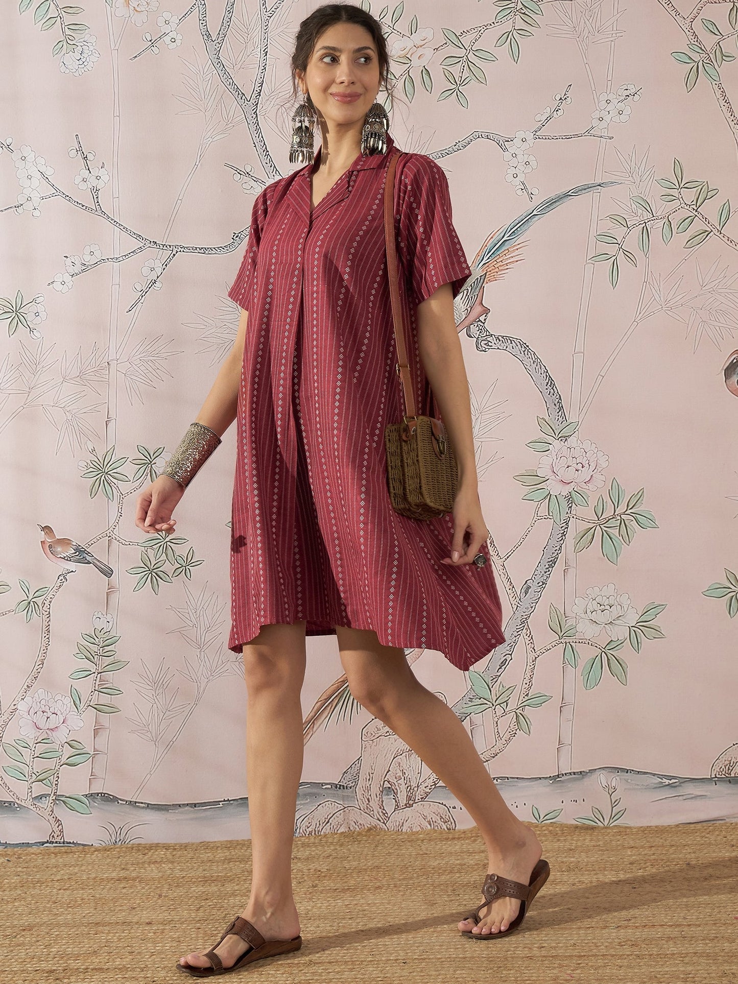InWeave Maroon Stripe Kantha Collar Dress
