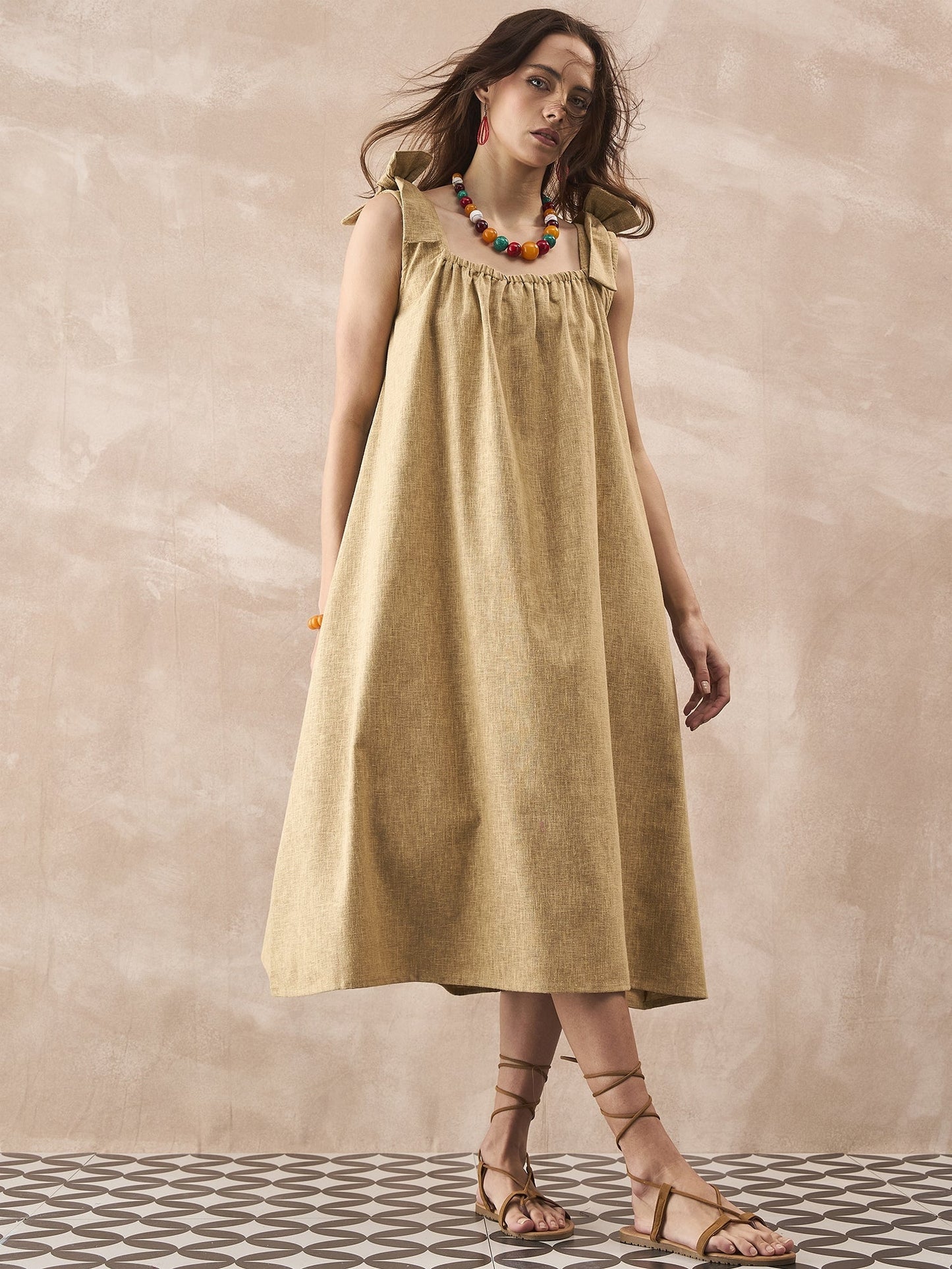 InWeave Dull Khaki Linen Pleat Bow Dress