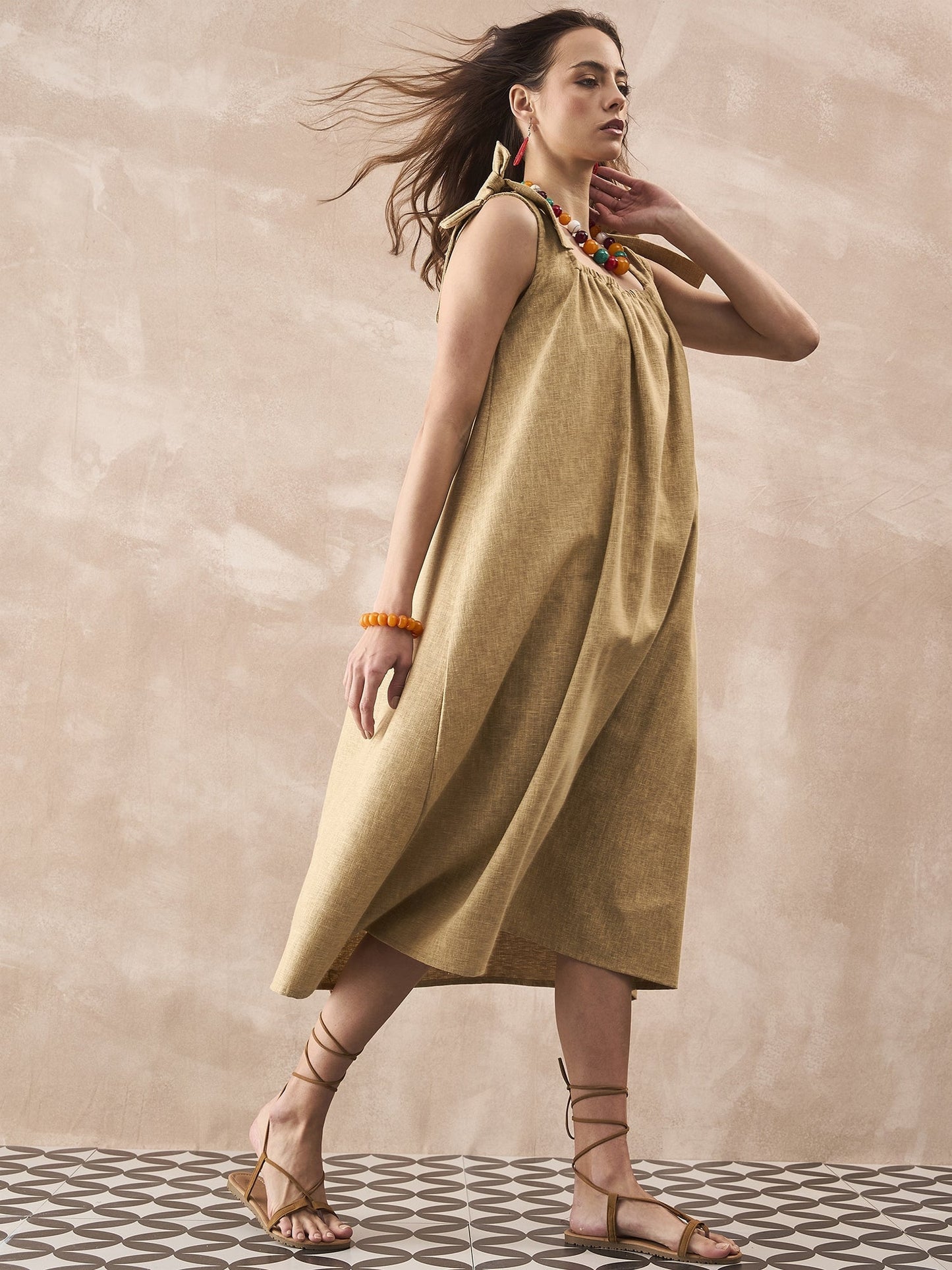 InWeave Dull Khaki Linen Pleat Bow Dress