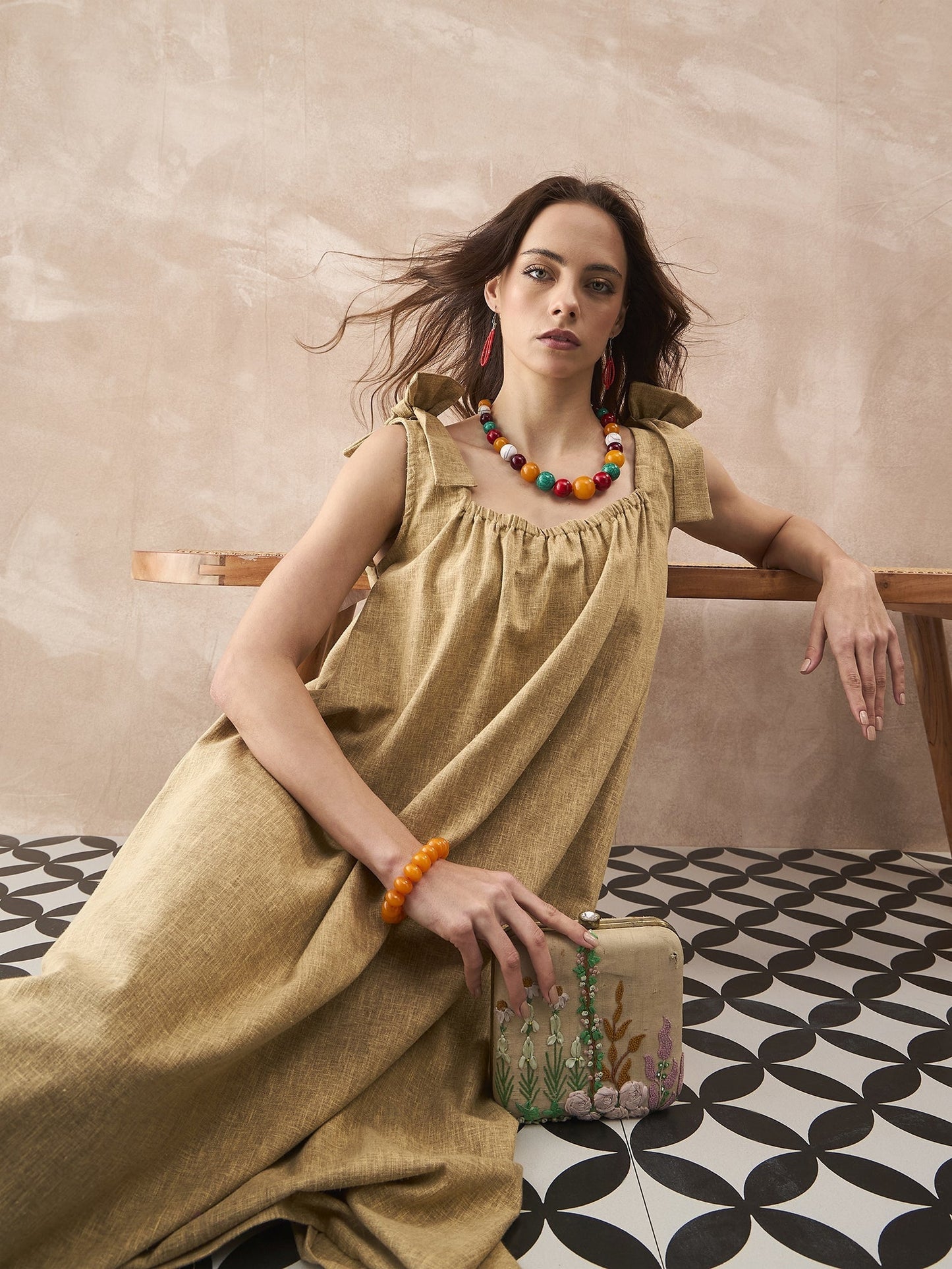 InWeave Dull Khaki Linen Pleat Bow Dress