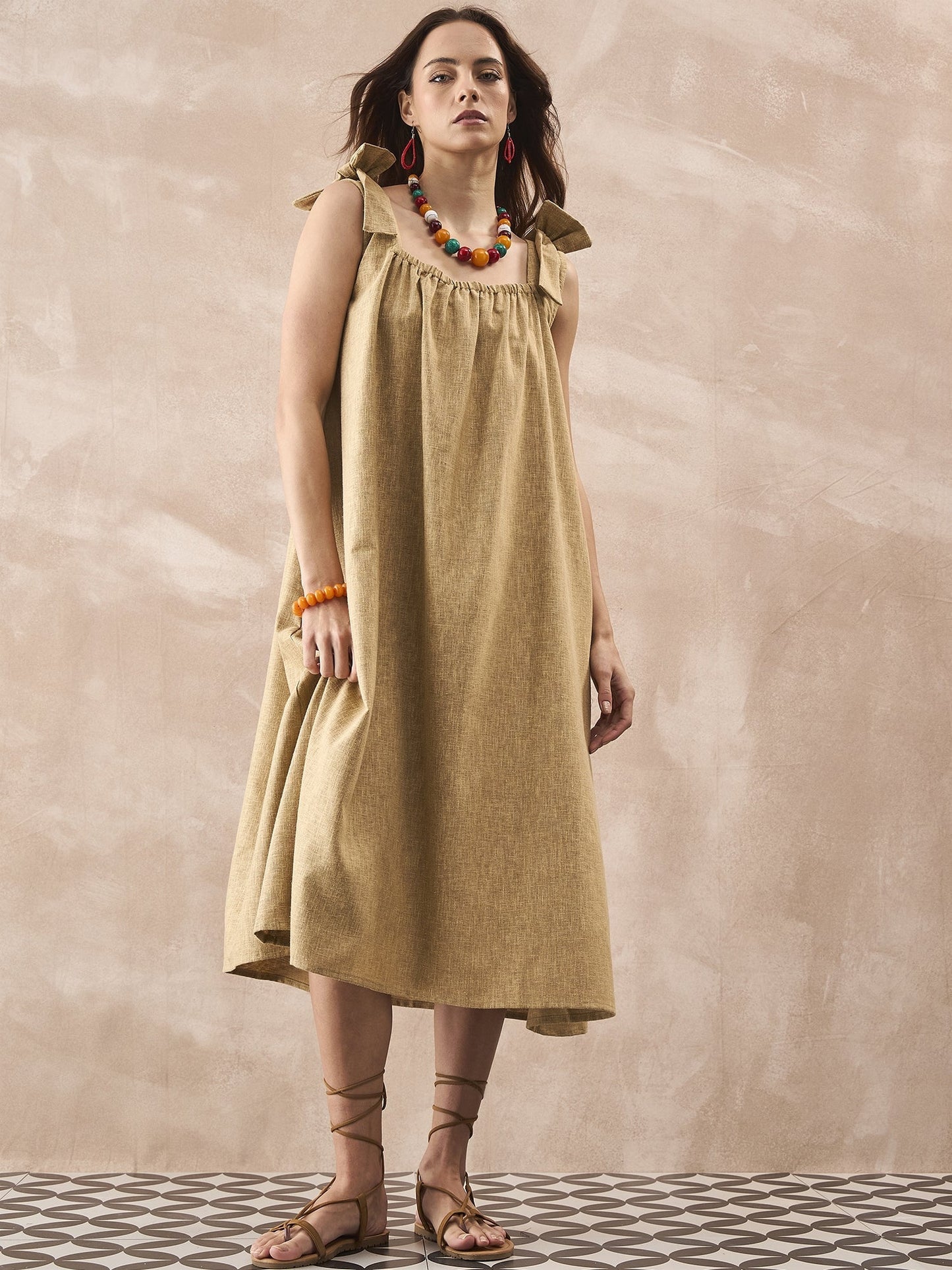InWeave Dull Khaki Linen Pleat Bow Dress