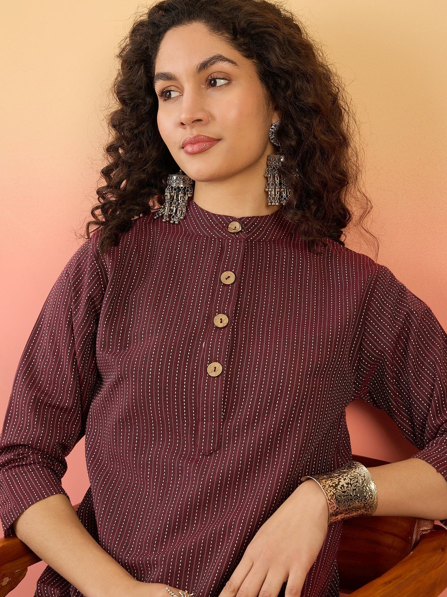 InWeave Wine Kantha Mandarin Button Dress