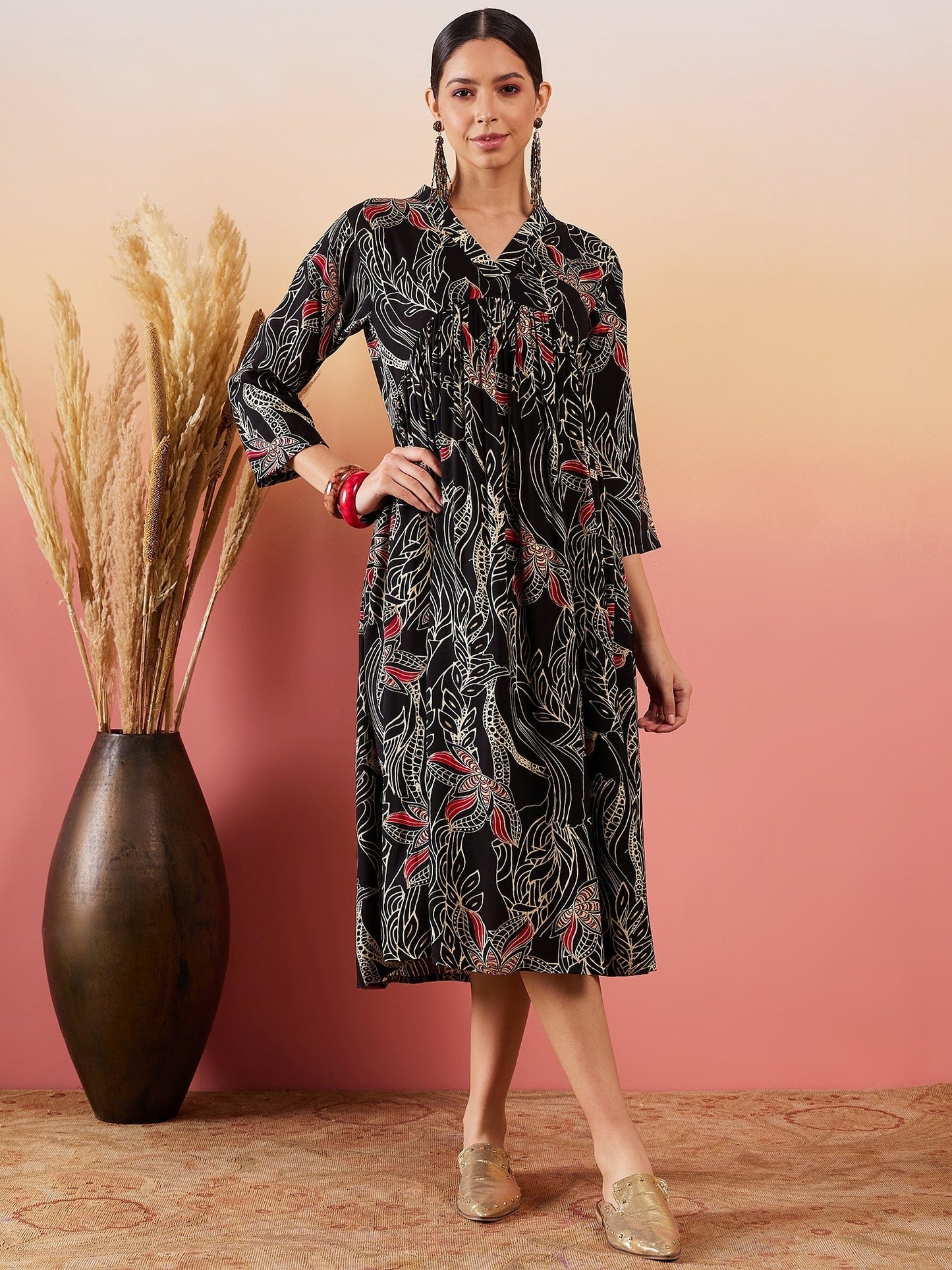 InWeave Black Beige Red Print Deep V Neck Flared Dress
