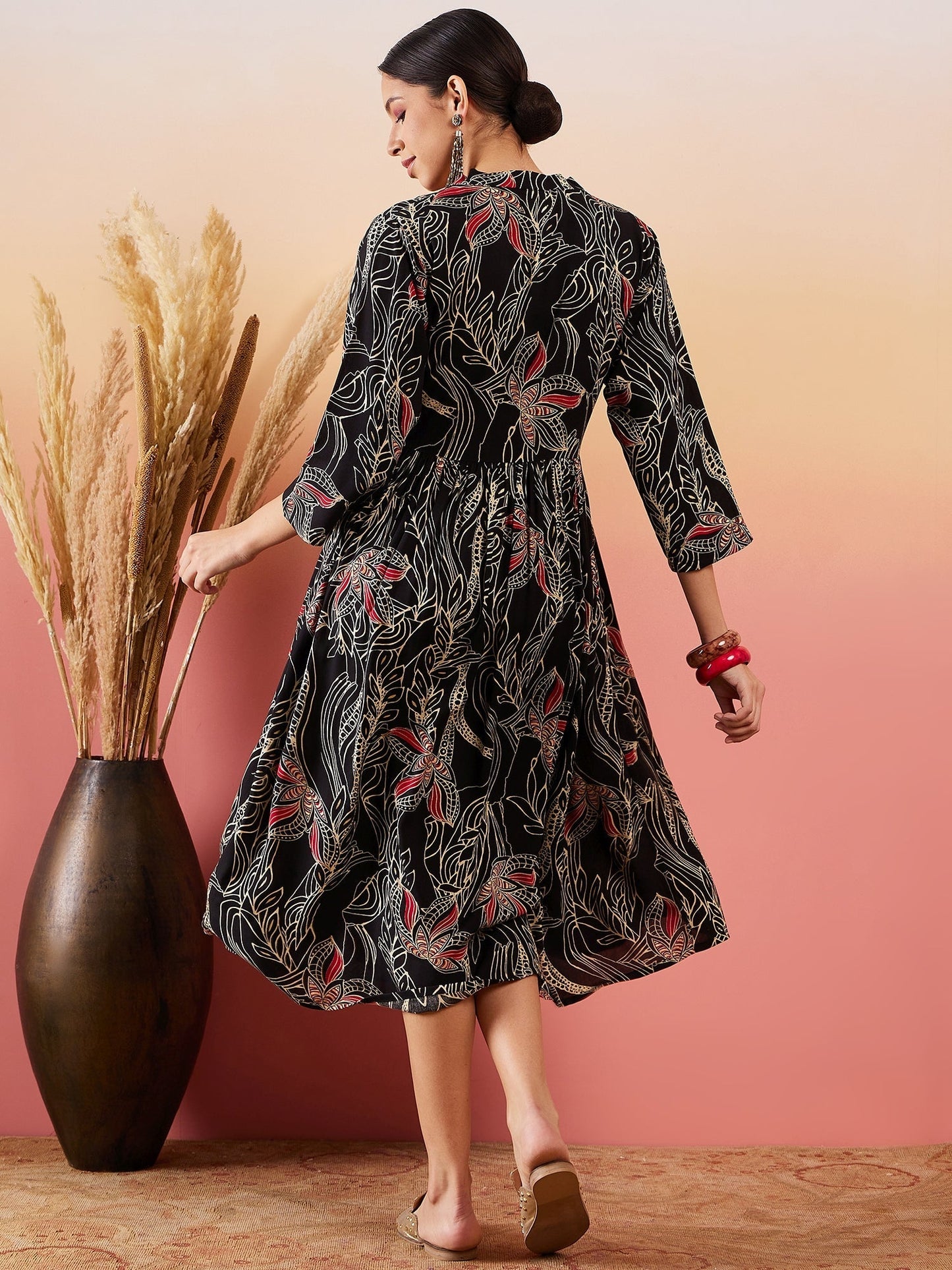 InWeave Black Beige Red Print Deep V Neck Flared Dress