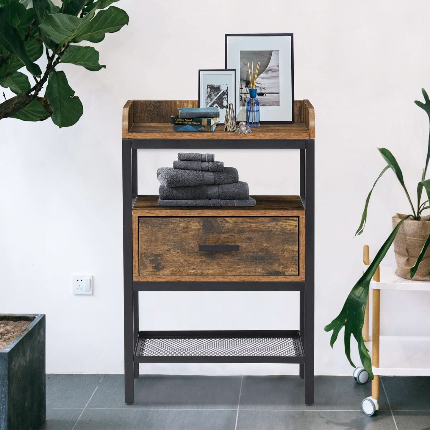 Industrial Three Tier Nightstand Set With Wood Grain Finish
