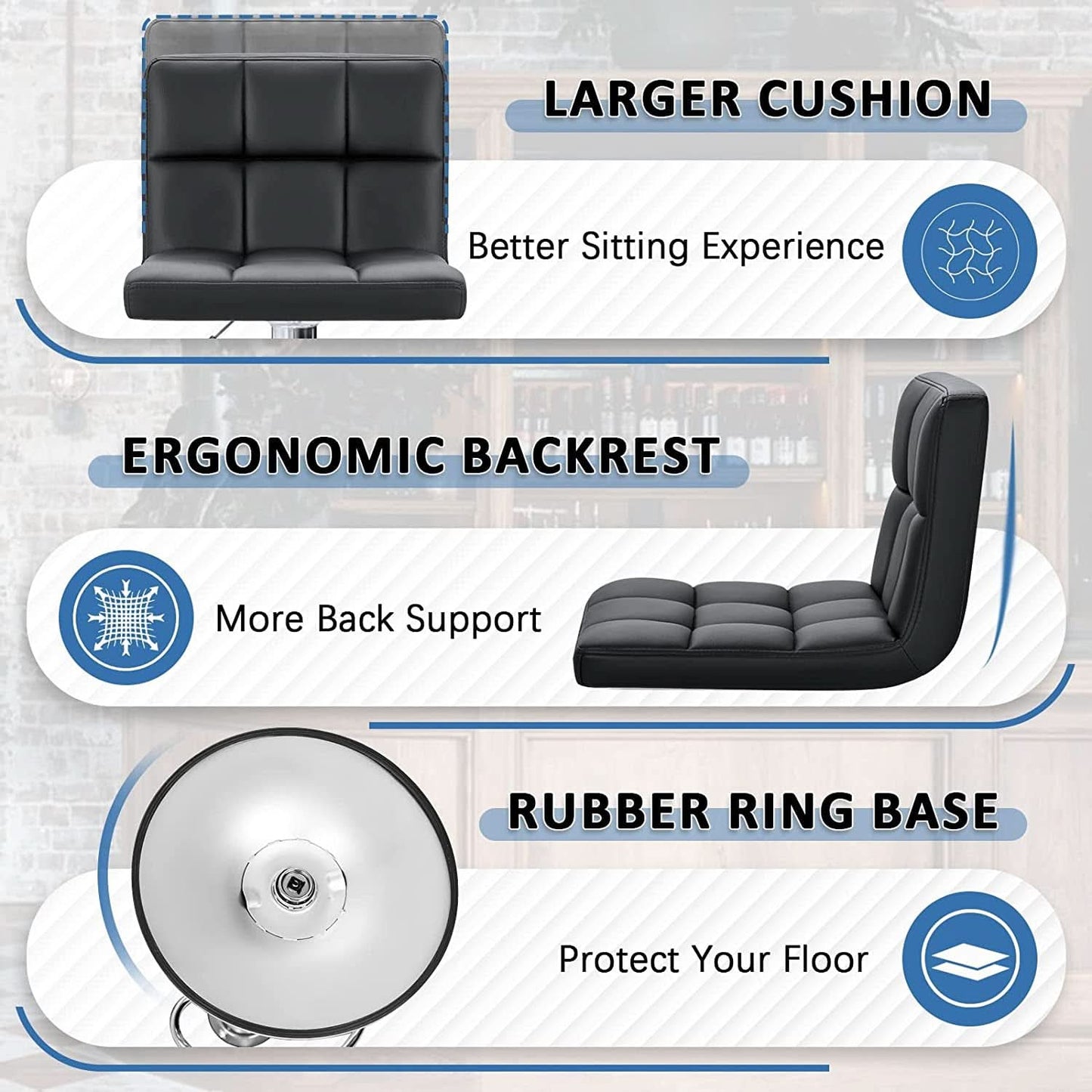 Black PU Leather Adjustable Swivel Bar Stools Set Of 2