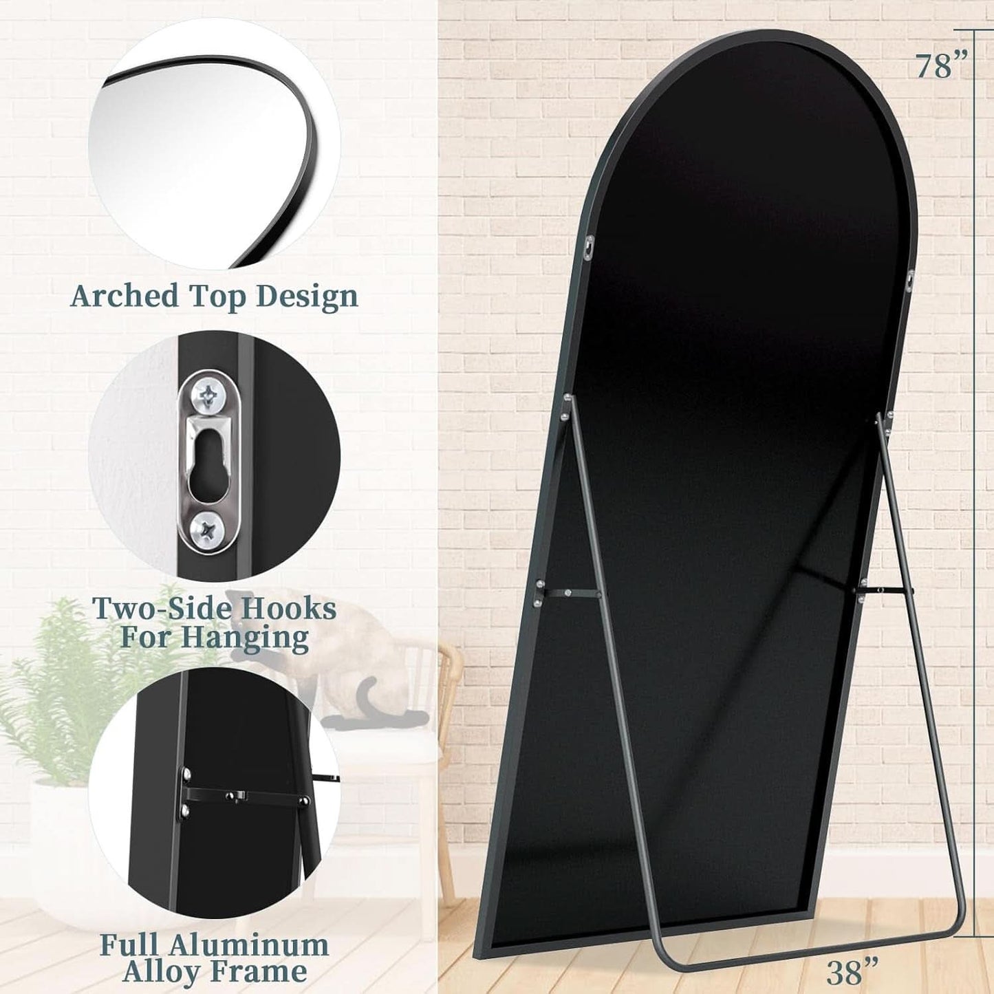 Full Length Mirror With Stand 78x38 Inch Black Aluminum Frame
