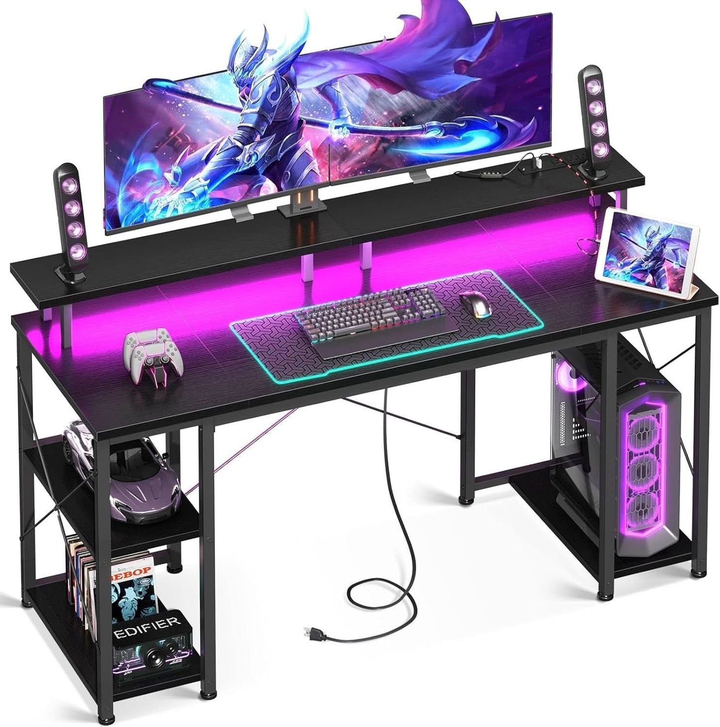 55 Inch Gaming Desk With Power Outlets For Home Office