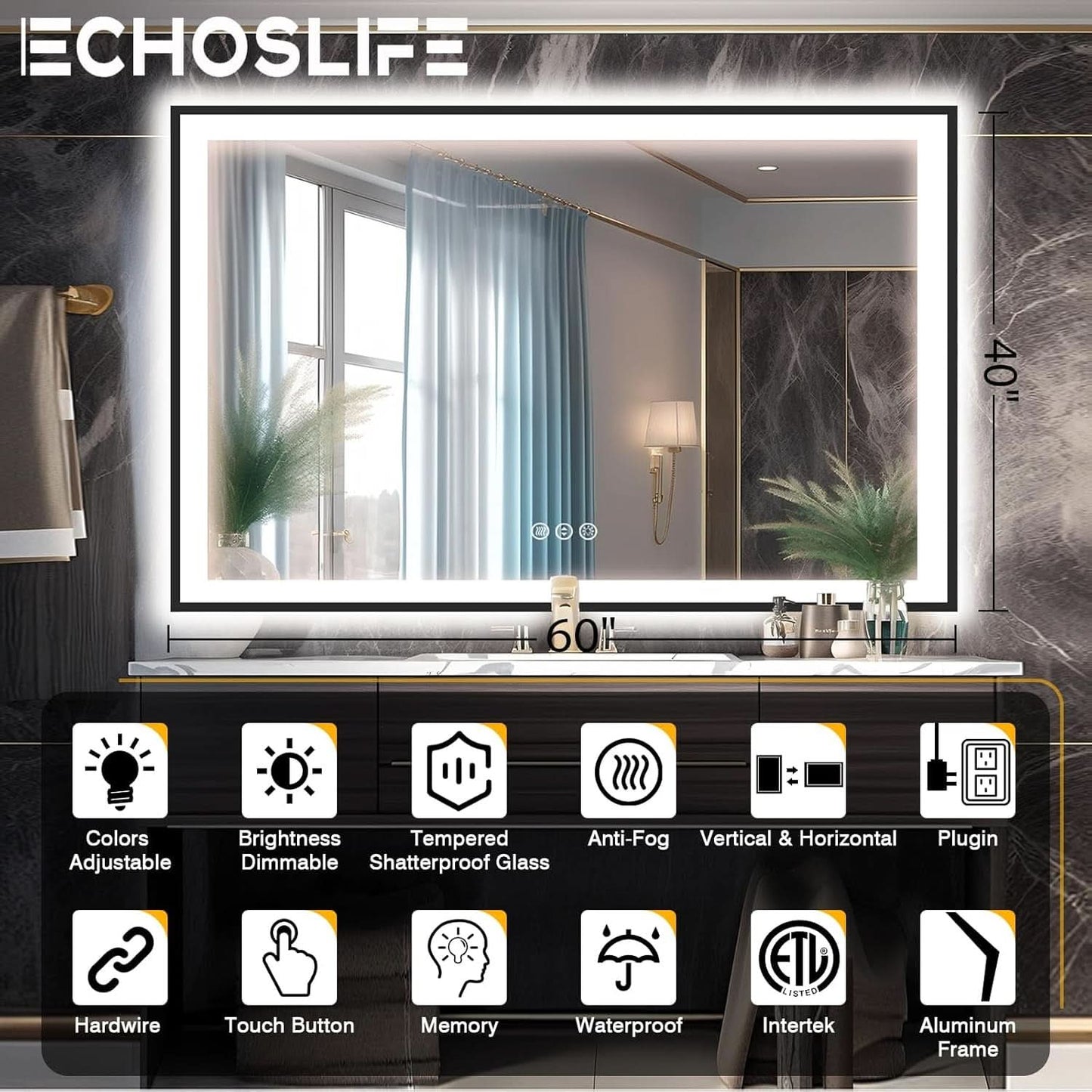 60X40 Matte Black LED Bathroom Mirror With Dimmable Lights