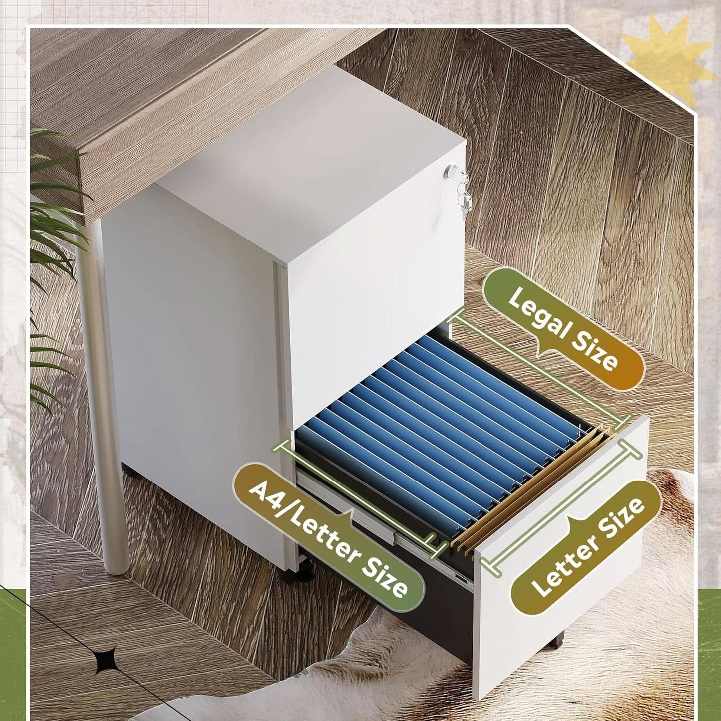 Locking 2 Drawer File Cabinet For Home Office Metal Under Desk Fully Assembled With Smooth Full Extension Slides