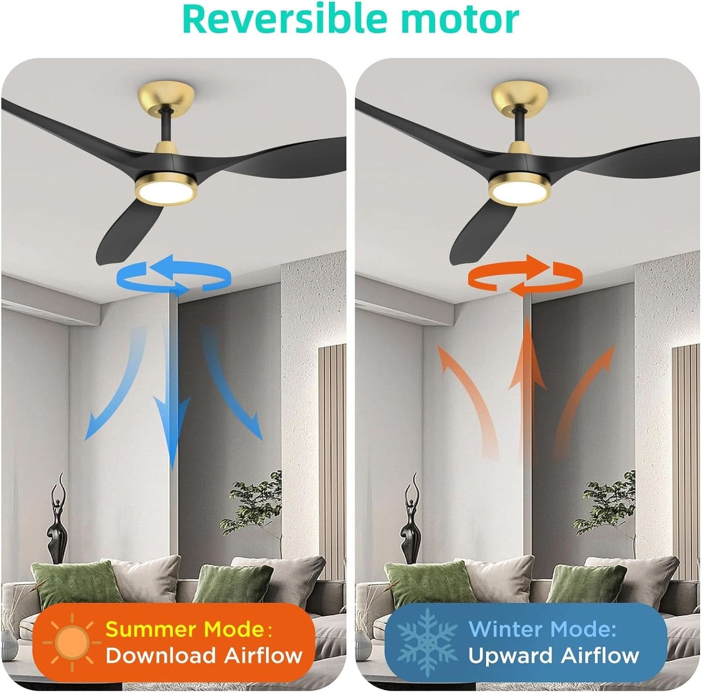52 Inch Black Gold Indoor Ceiling Fan With LED Light