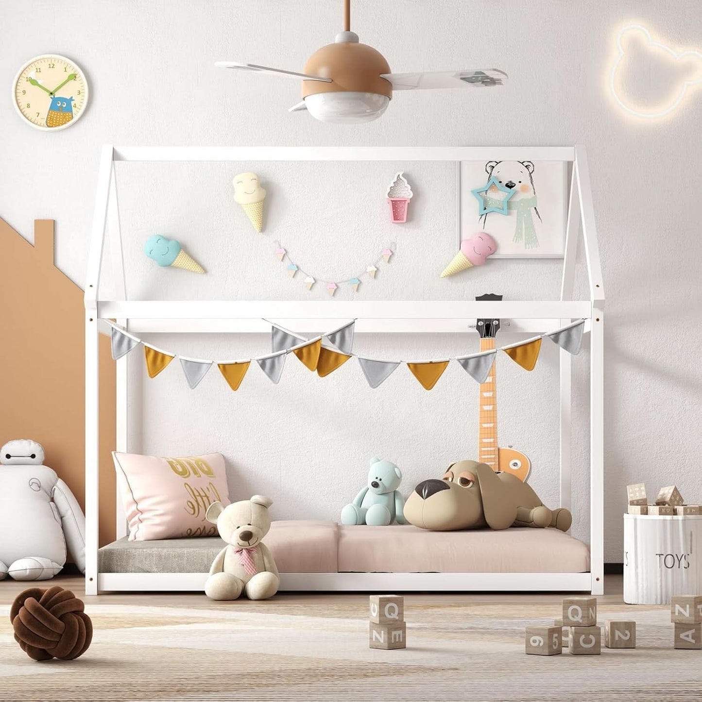 Twin House Bed Frame With Roof Canopy Montessori For Kids