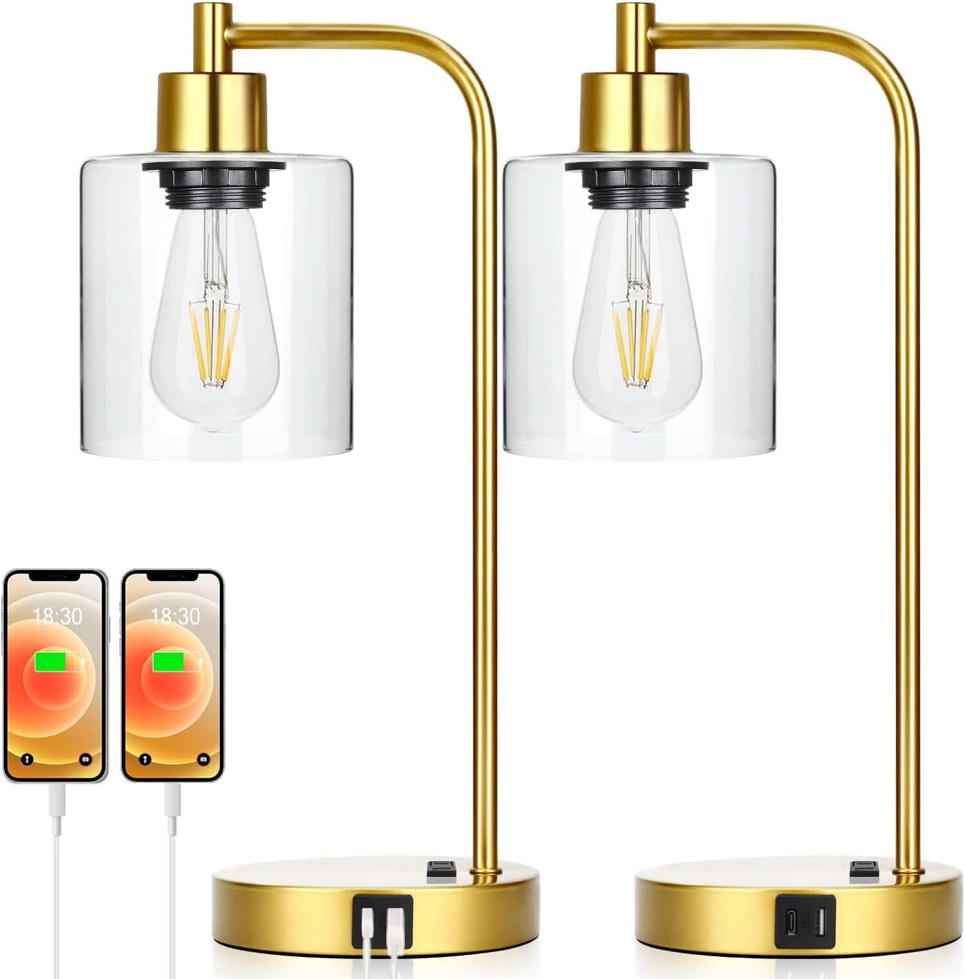 Gold Industrial Touch Table Lamps 2 Pack With USB Ports