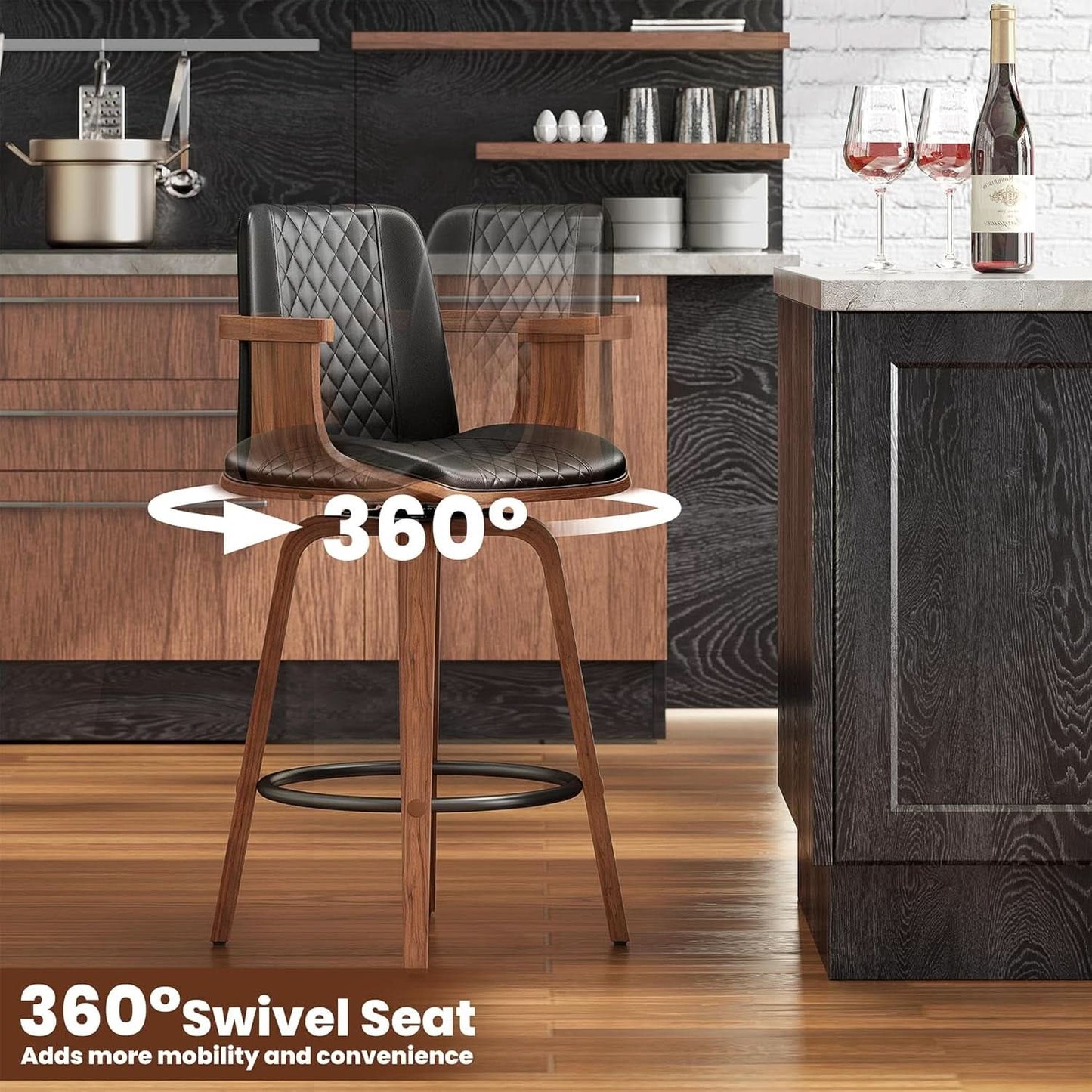 Set Of 3 26 Inch Bar Stools Black PU Leather Upholstery