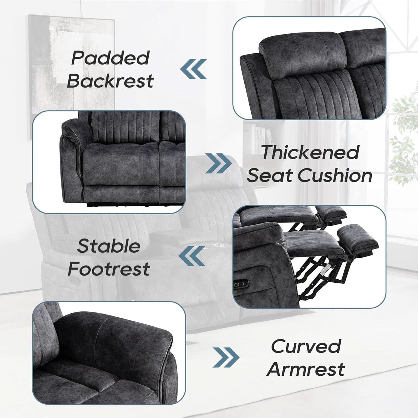 Grey Zero Gravity Reclining Sofa Set With Adjustable Headrest