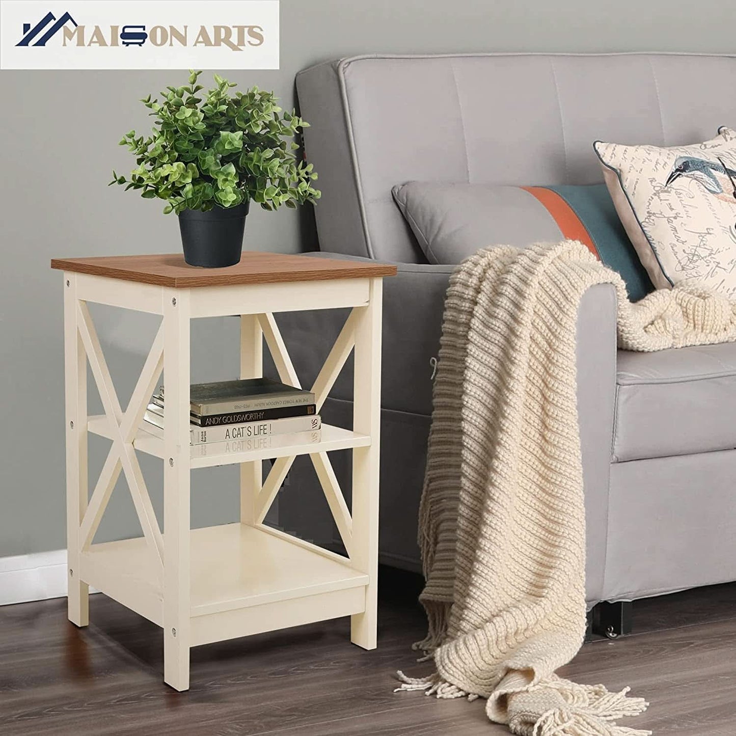 Rustic Ivory End Table Set Of 2 With Shelves 23.6 Inch