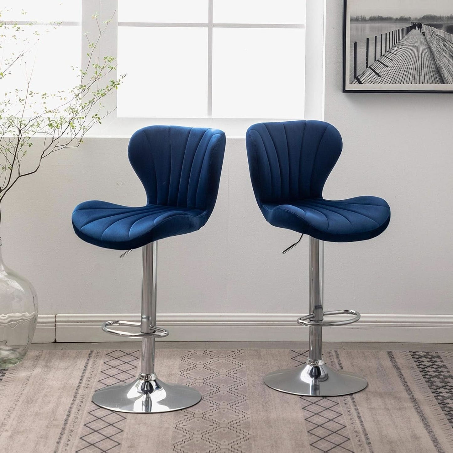 Blue Velvet Adjustable Swivel Bar Stools Set of 2 Modern
