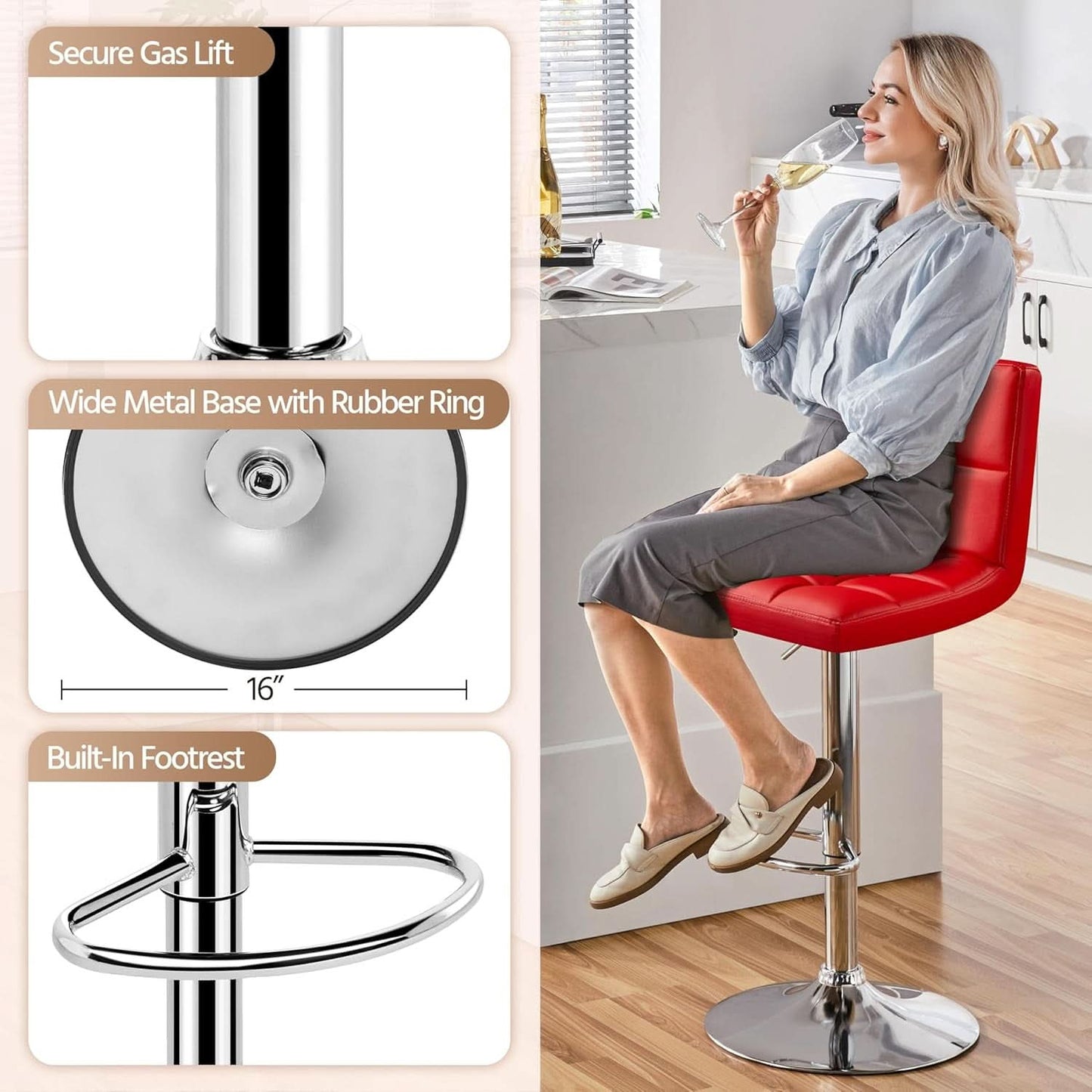 Red Adjustable PU Leather Swivel Bar Stools Set Of 2