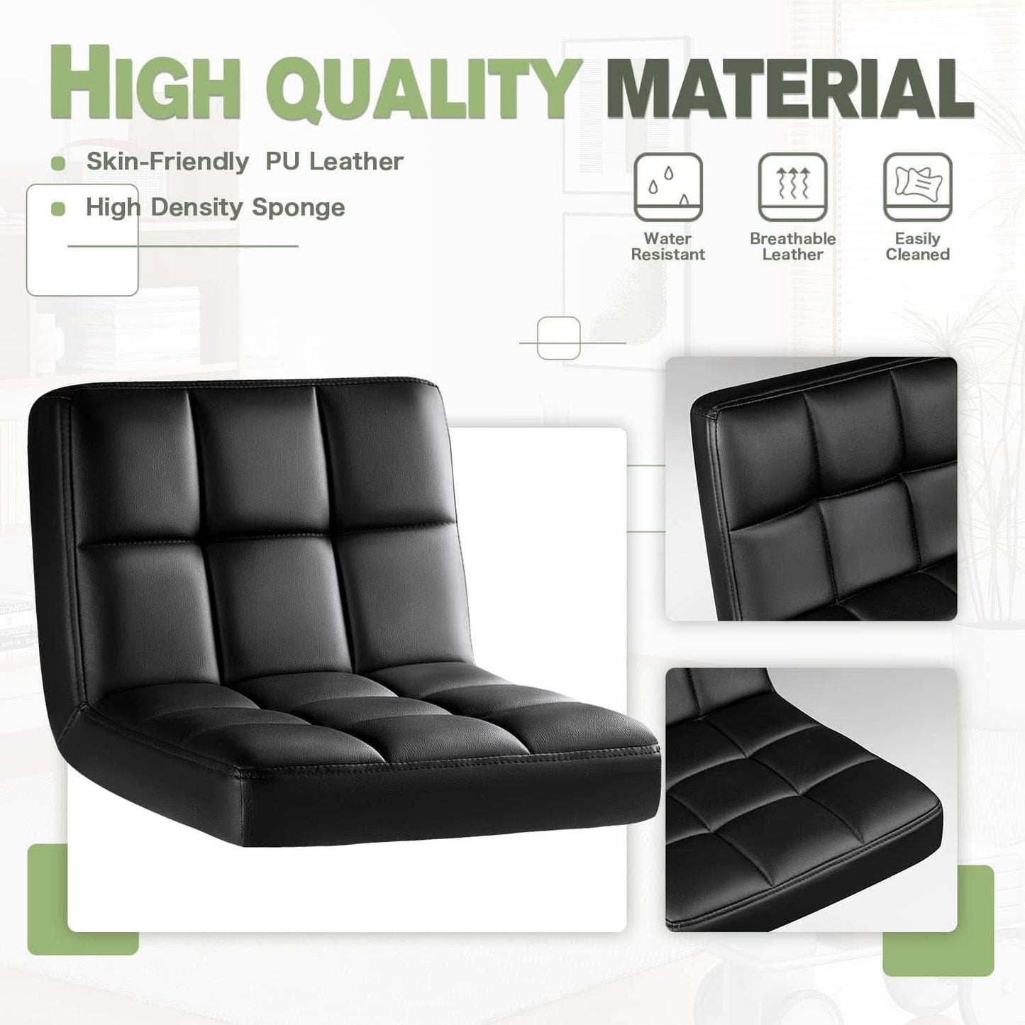 Bar Stools Set Of 2 Black PU Leather Swivel Adjustable Counter Height