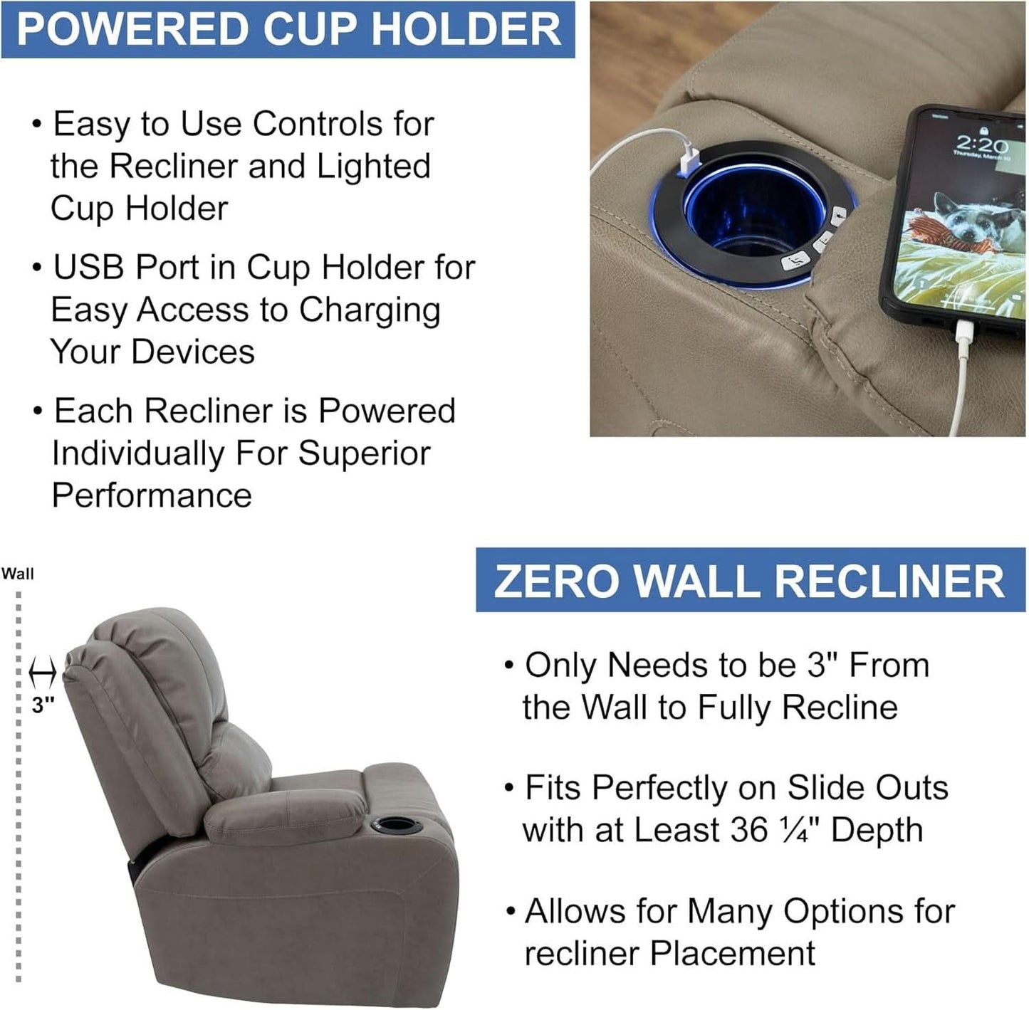 67 Inch Putty Powered RV Wall Hugger Recliner Sofa