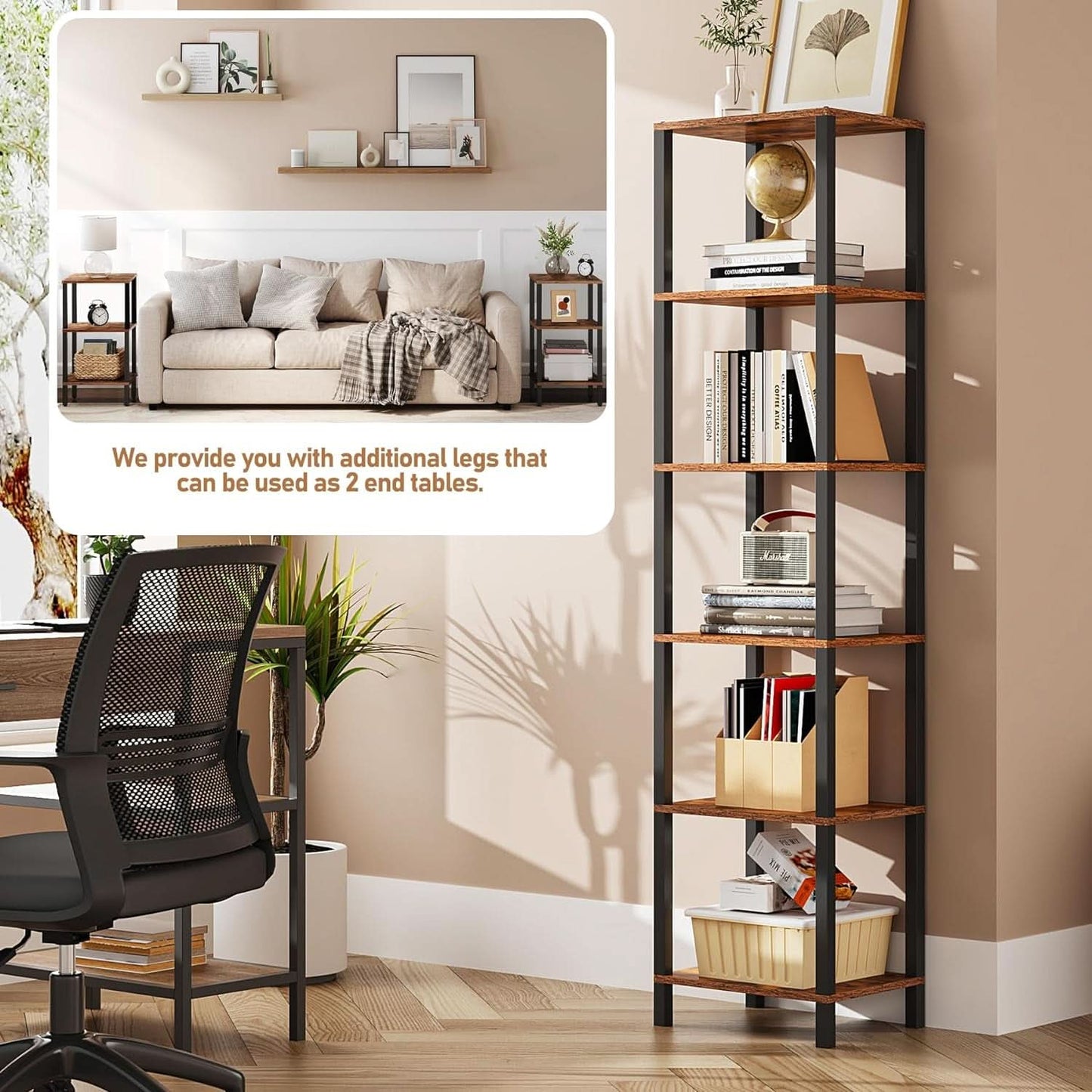 Six Tier Tall Bookshelf Narrow Rustic Brown Bookcase