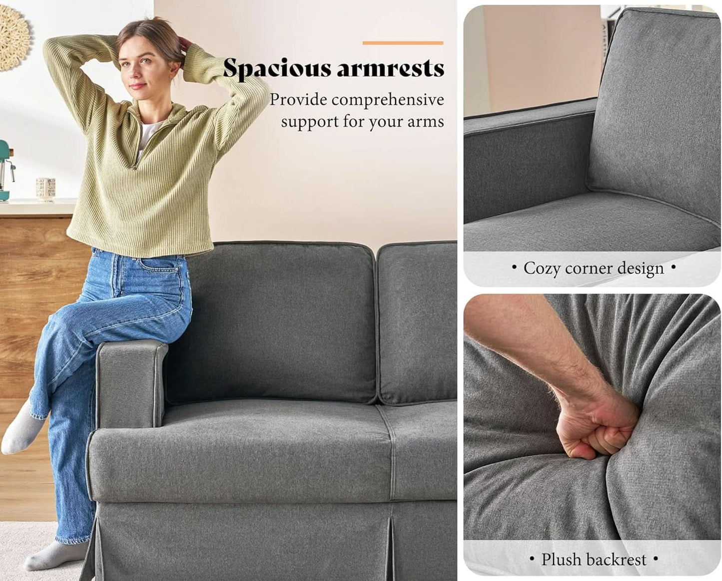 89 Inch Slipcovered Linen Grey Sofa 3 Seater Couch