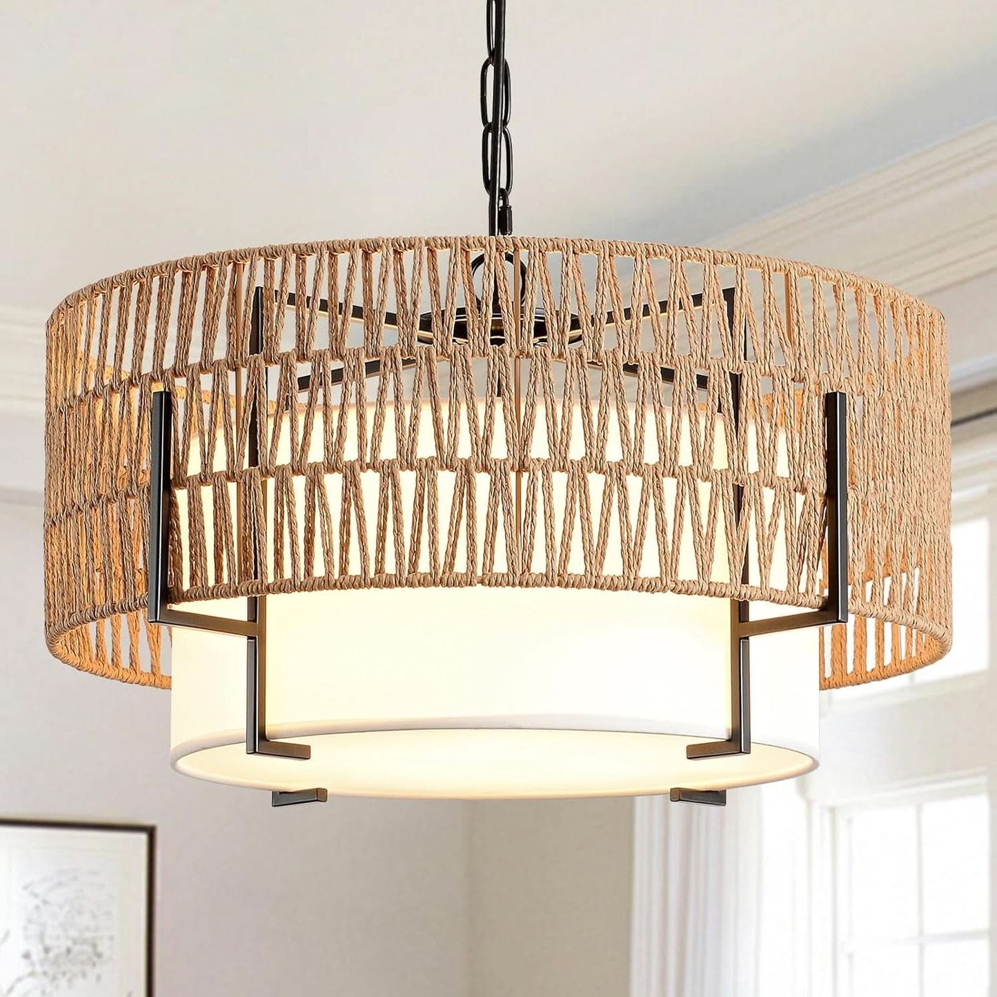 Boho Rattan Chandelier Pendant Light Natural Finish