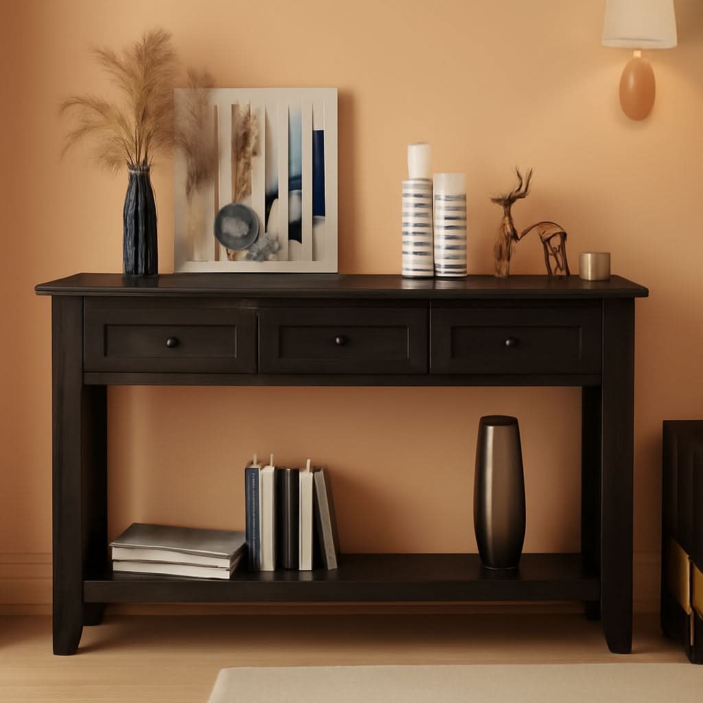 Black Console Table 55In Wide With 3 Drawers And Shelf