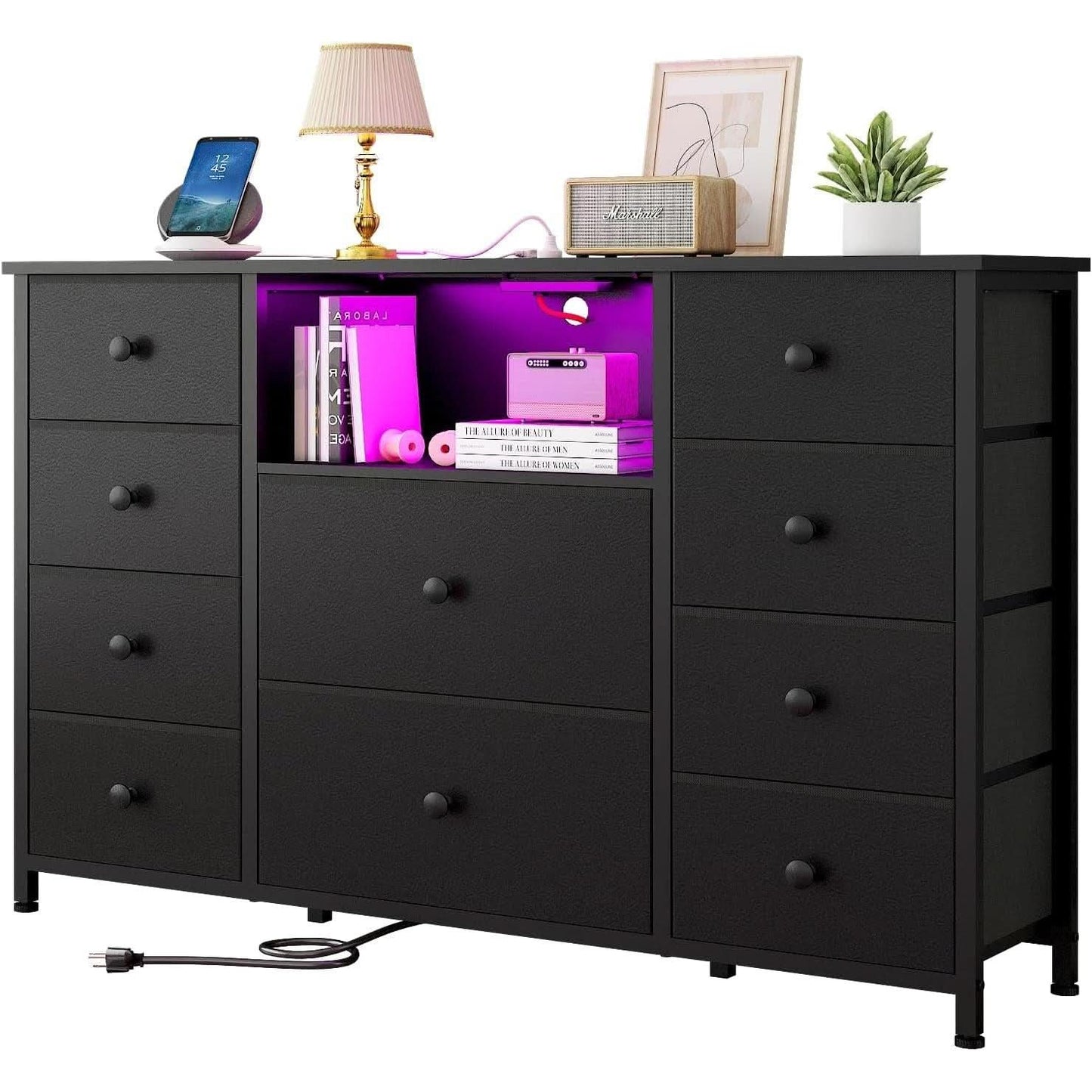Black Dresser With Charging Station And LED Lights