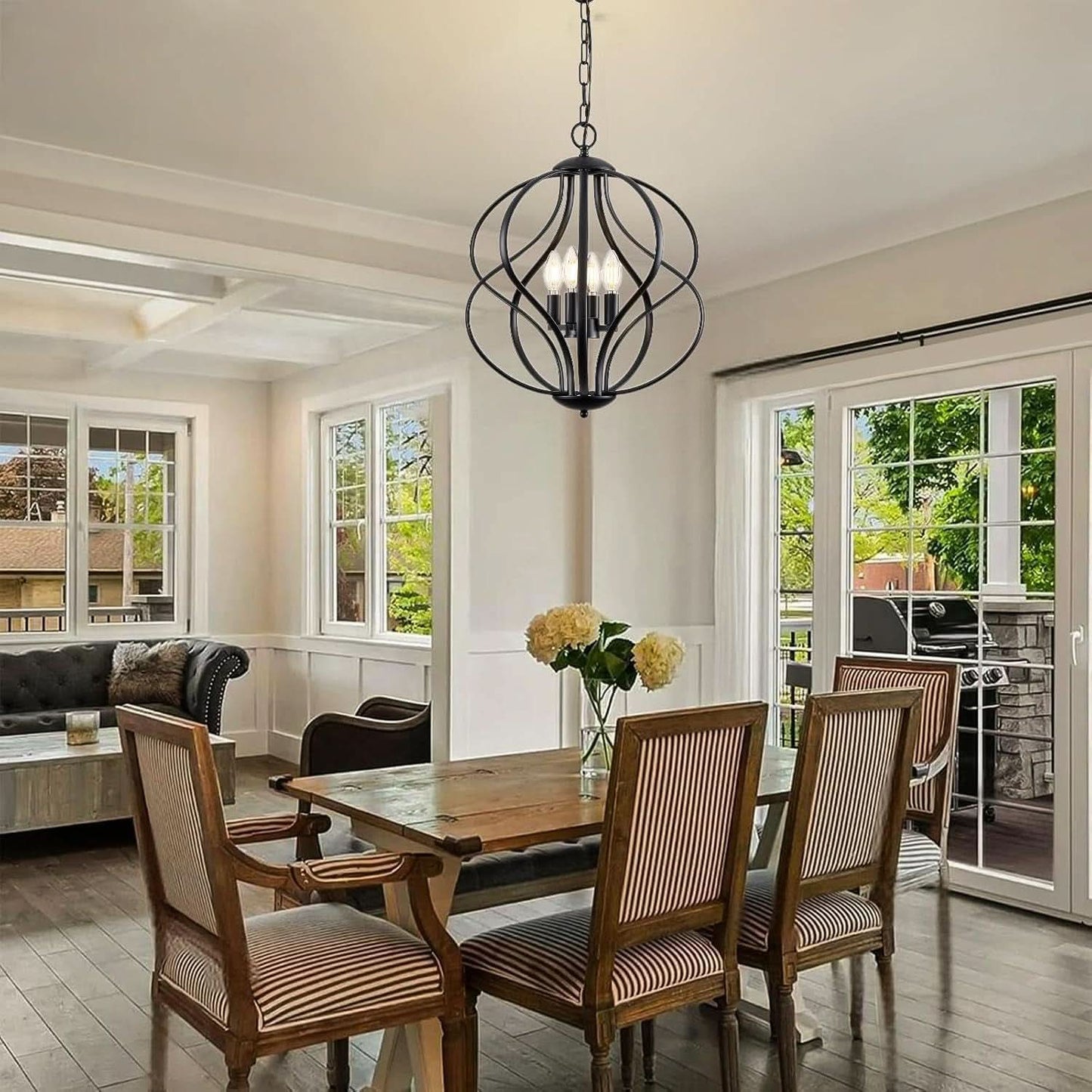 Black Four Light Geometric Pendant Chandelier Dining Room