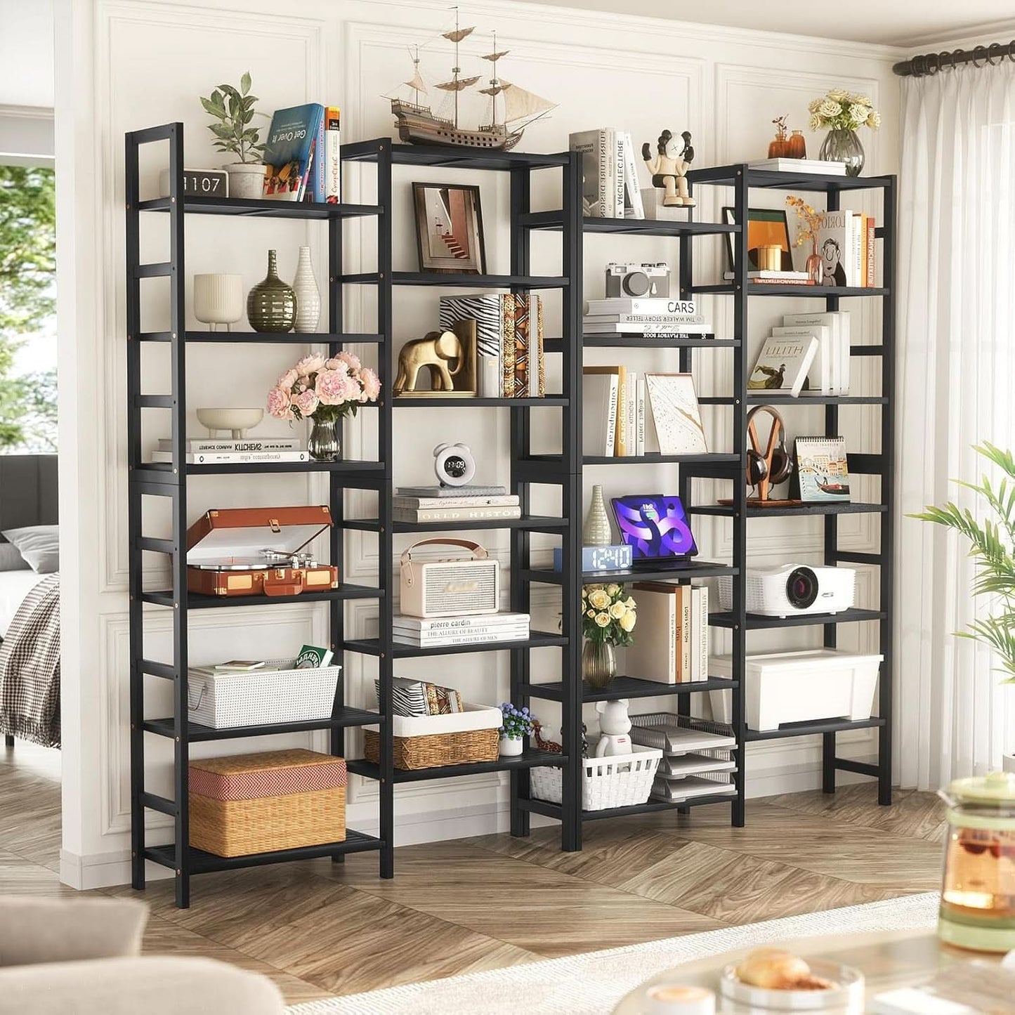 Double Wide Black Bookshelf Freestanding 6 Feet Tall