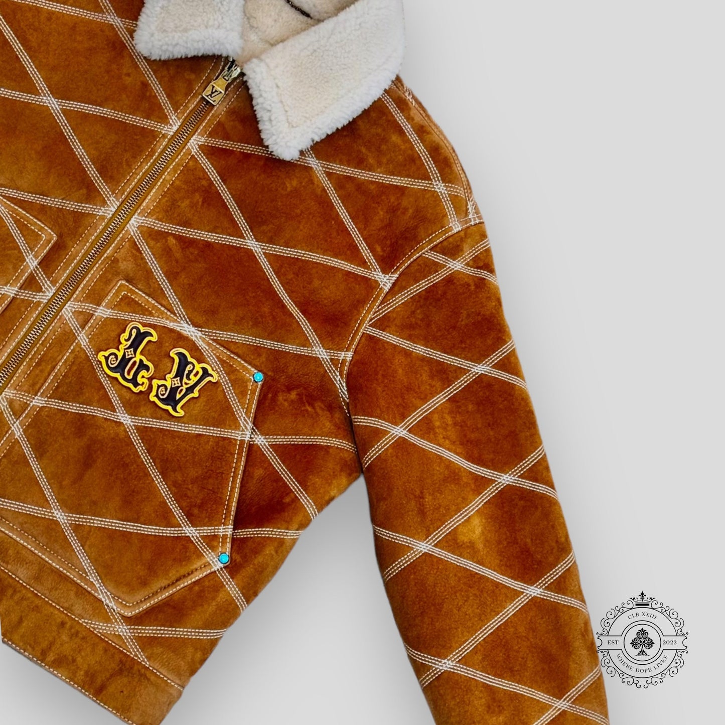Louis Vuitton Embroidered Shearling Workwear Jacket in Camel