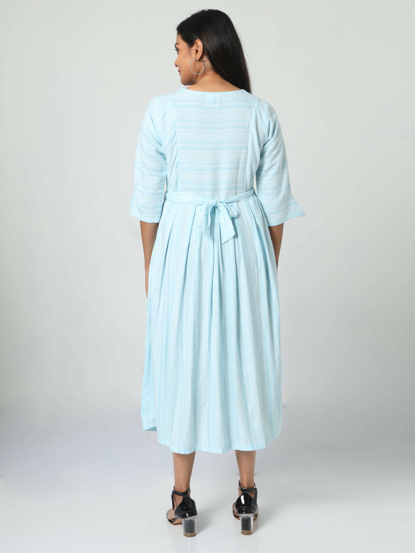 Manet Three Fourth Maternity Dress Striped With Concealed Zipper Nursing Access - Light Blue