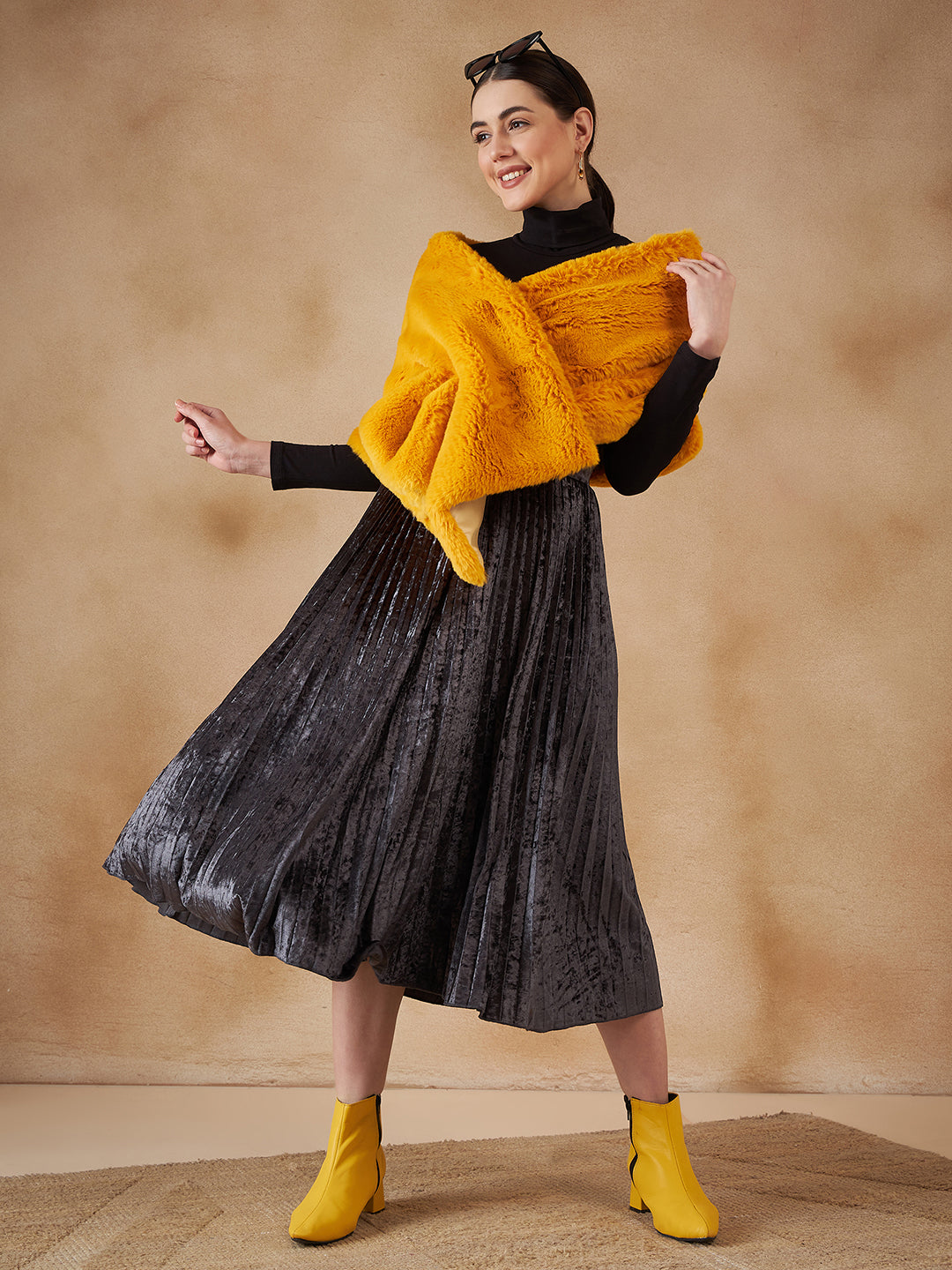 InWeave Women's Yellow Long Faux Fur Cape