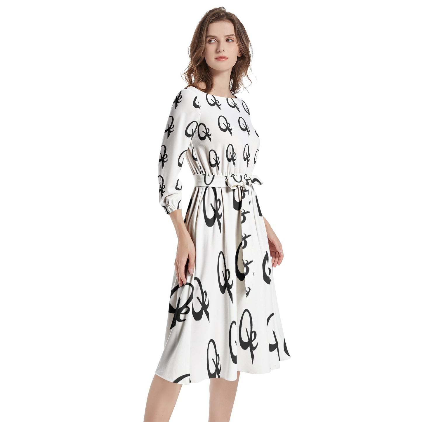QE Classic Boat Neck Belted Flared Dress
