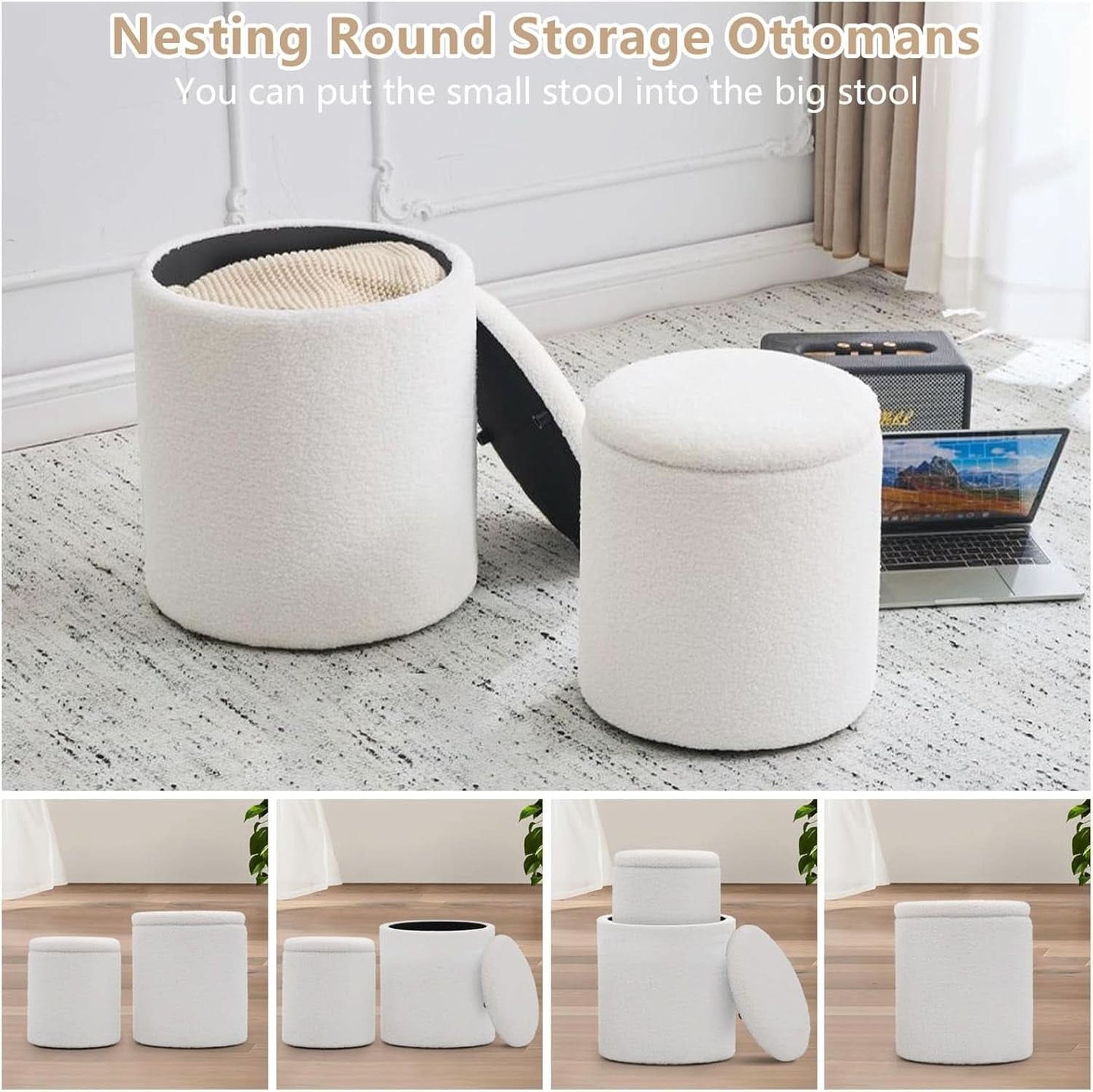 White Round Boucle Velvet Upholstered Storage Ottoman