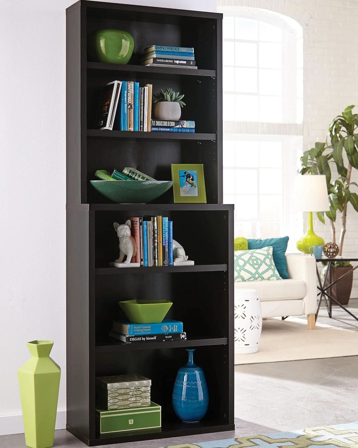 Tall Bookshelf Black Walnut Finish With Adjustable Shelves