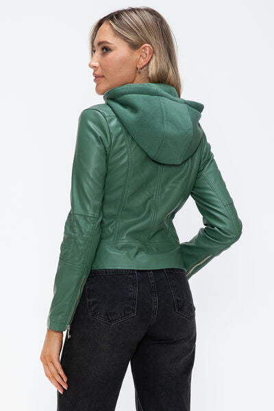 Women Classic Snobbish Faux Leather Zip-Up Drawstring Hooded Jacket Edgy & Casual PU Leather Jacket For Streetwear