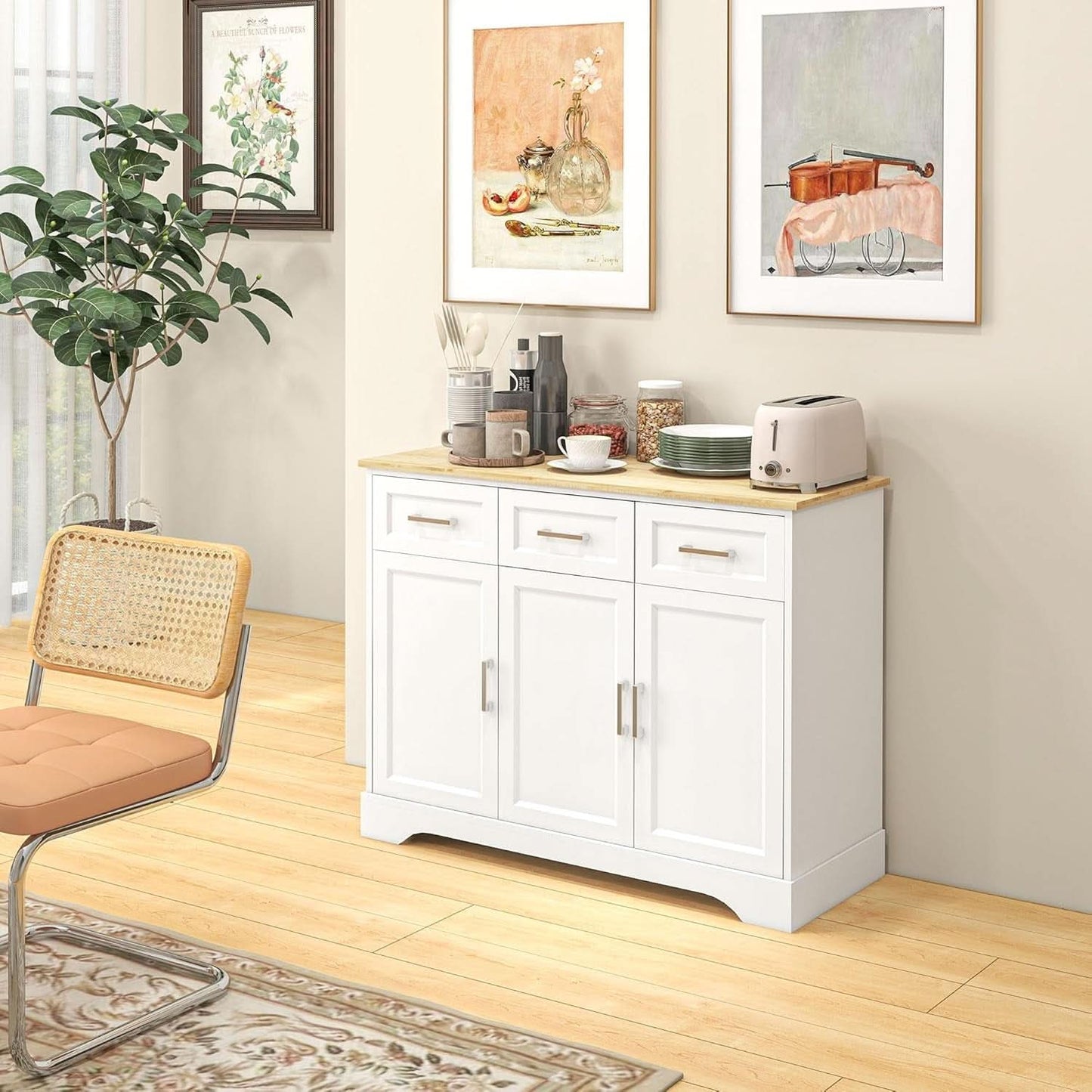 Sideboard Buffet Cabinet With 3 Storage Drawers And Adjustable Shelf