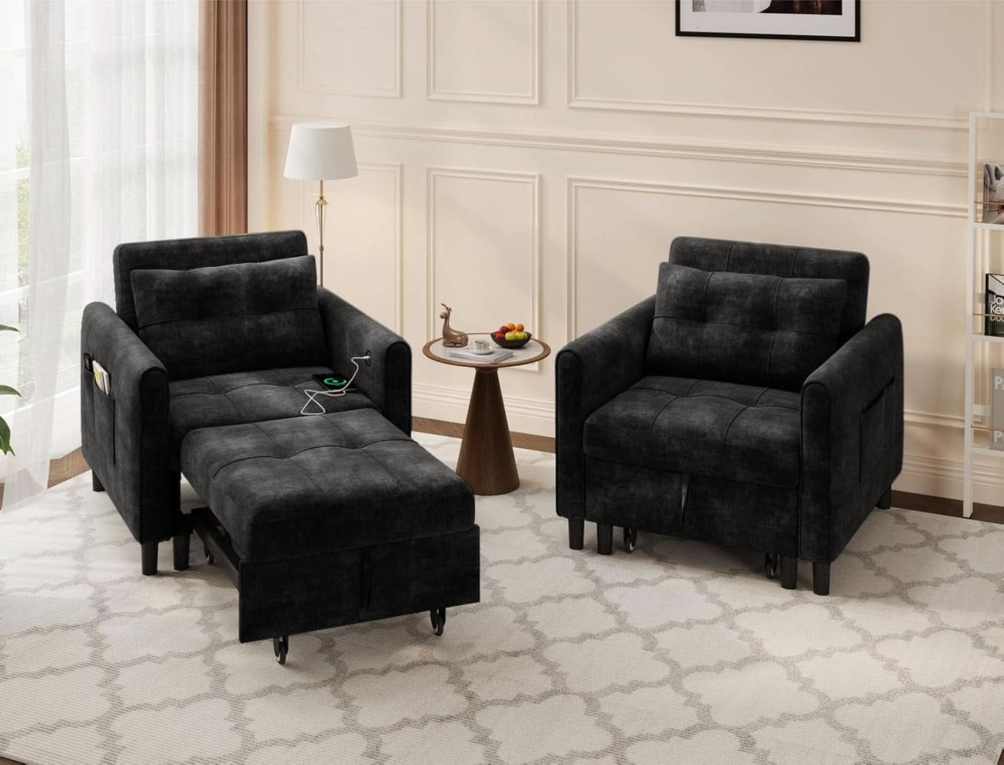 Black Upholstered Sleeper Chair Pull Out Bed For Small Rooms