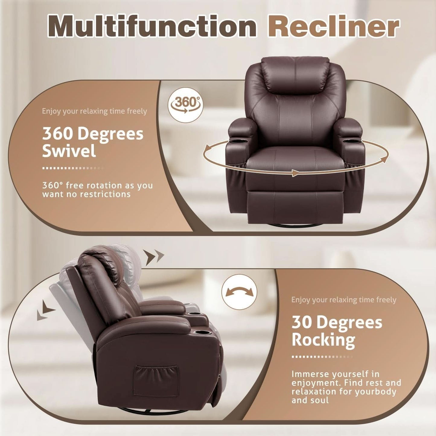 Dark Brown 360 Degree Swivel Recliner Chair With Massage