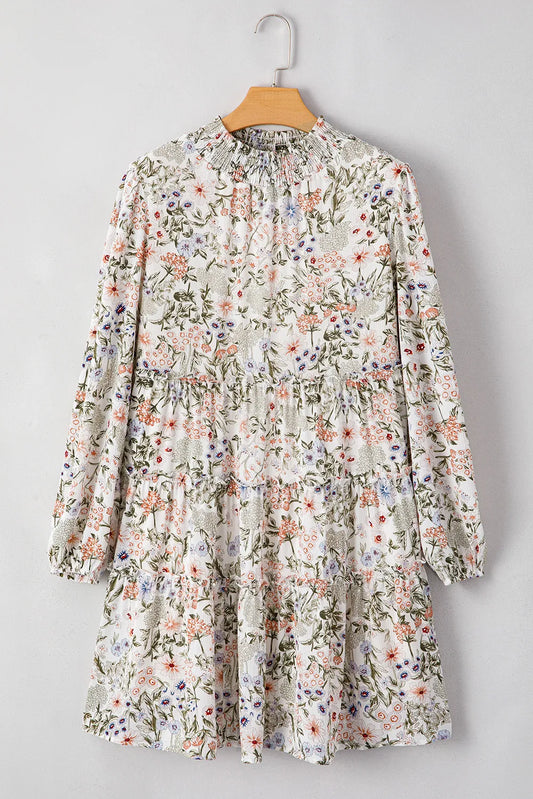 Floral Printed Mock Neck Long Sleeve Mini Dress Stylish Charming Printed Dress For Women