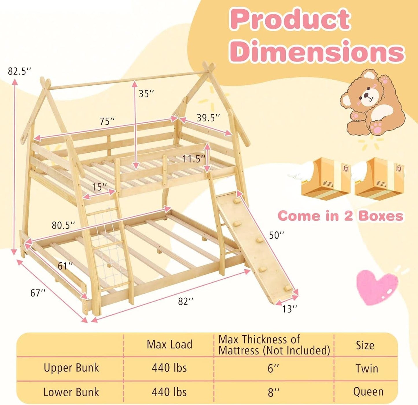 Twin Over Queen Bunk Bed With Climbing Nets Ramp Natural